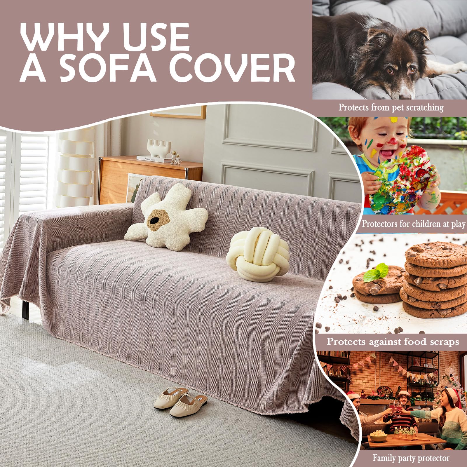 Handontime Soild Couch Covers For Dogs Pink-Purple Sofa Covers Boho Cover For Sofa 3 Seats Chenille Sofa Throw Cover Mauve Sofa Covers For 3 Cushion Couch Tassel Sofa Cover, 91' X134'