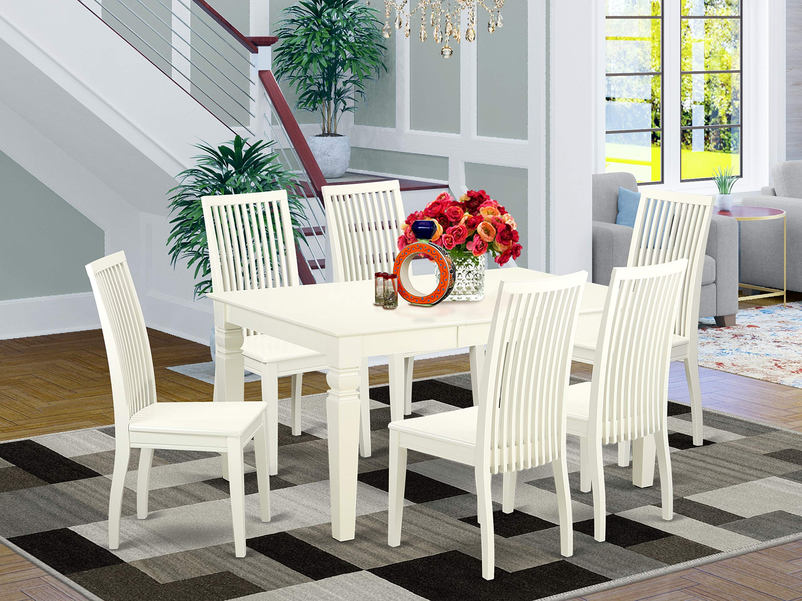 East West Furniture Weip7-Lwh-W 7 Piece Dining Table Set Consist Of A Rectangle Dining Room Table With Butterfly Leaf And 6 Wooden Seat Chairs, 42X60 Inch, Linen White