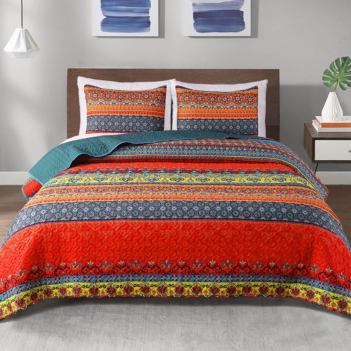 Exclusivo Mezcla Reversible Boho Quilt Set Queen Size, 3 Pieces Bohemian Blue All Season Bedspreads, Ultra Soft Floral Coverlet