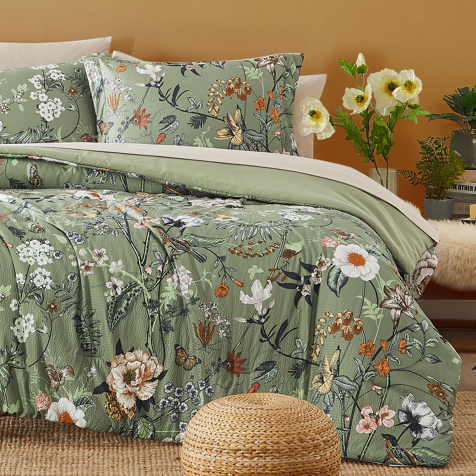 Casaagusto King Size Comforter Set, 7 Pcs Green Floral Comforter Set With Flowers Leaves Pattern, Soft All Season Microfiber Kin