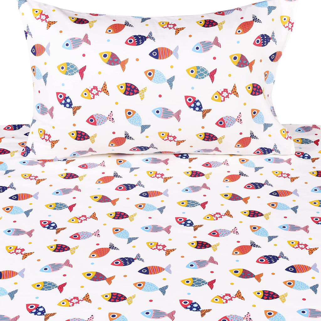 Scientific Sleep 100% Cotton Twin Bed Sheet Set - Colorful Fish Design, 3 Pcs Bedding for Kids, Includes Flat & Fitted Sheets, Pillowcase