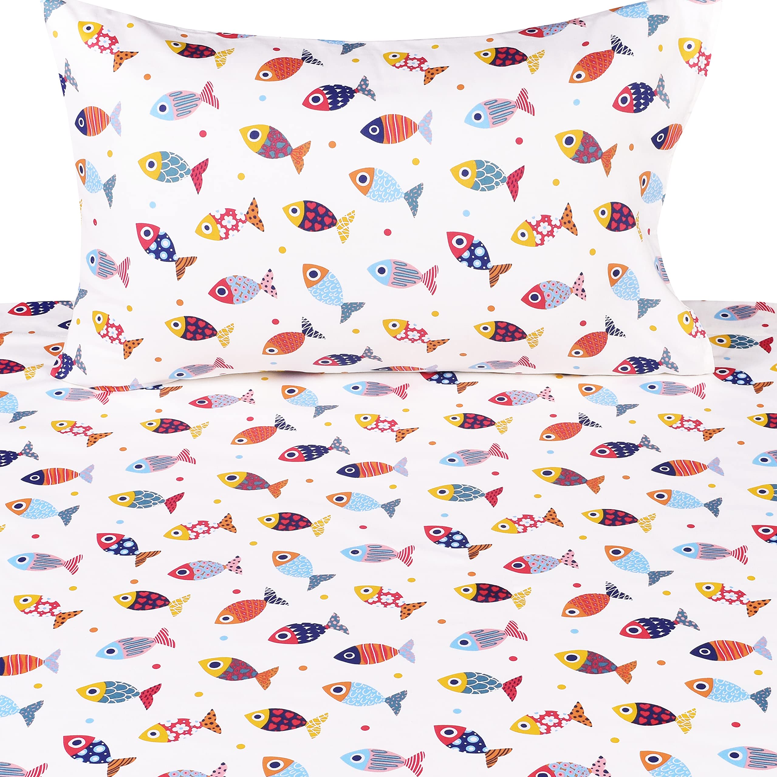 Scientific Sleep Colourful Fish Sardine Kids Toddler 100% Cotton Cozy 3 Pcs Twin Bed Sheet Set, Flat Sheet & Fitted Sheet & Pill