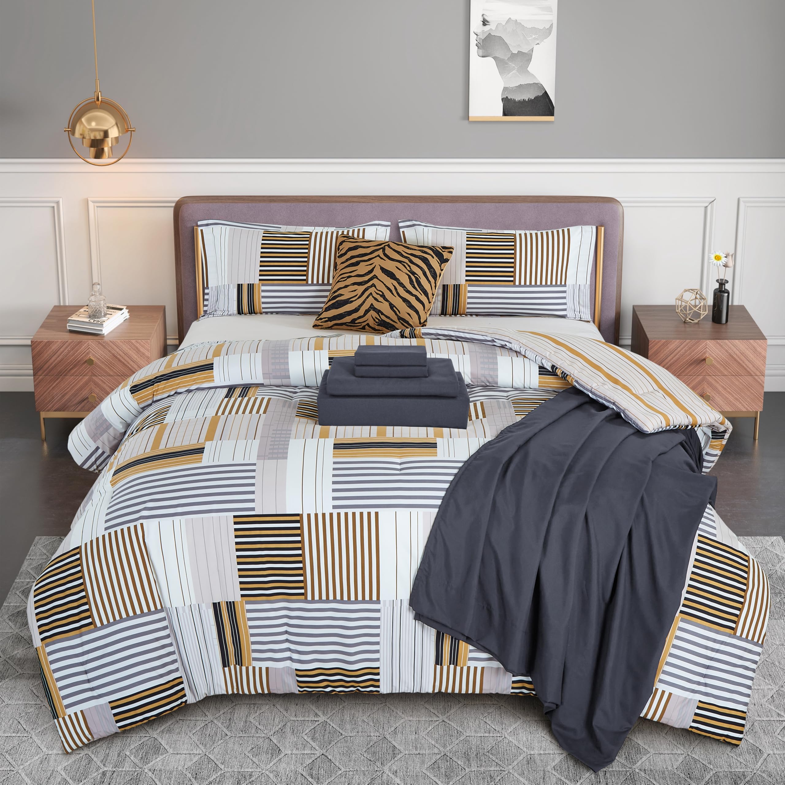 Elegant Comfort Silky Soft 8-Piece Animal Print Bed-In-A-Bag Comforter Set, Includes 4Pc Smart Sheet Set, Comforter, Decorative Pillow, Matching Pillowcases And Shams - Full/Queen, Gold