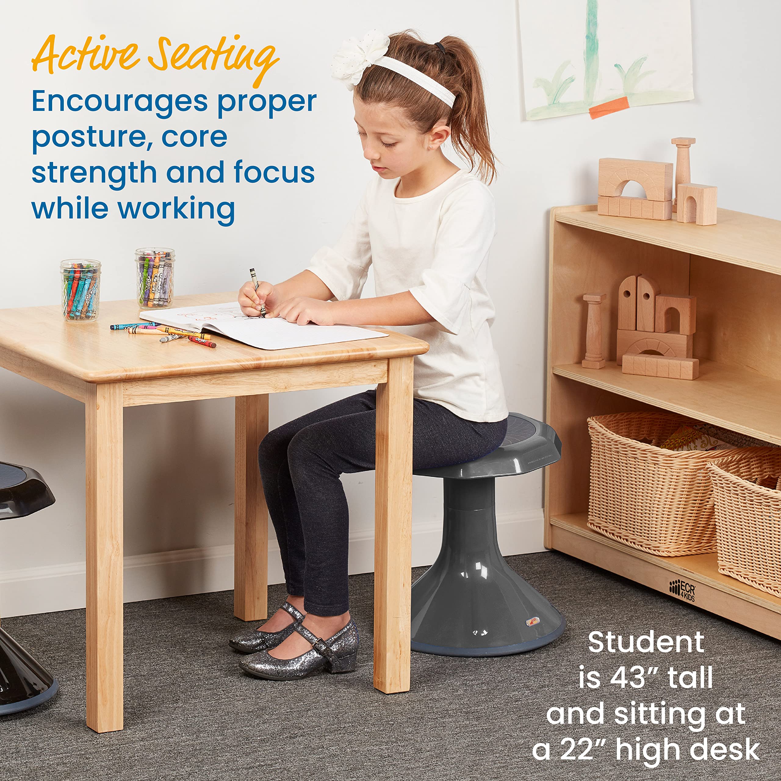 Ecr4Kids Ace Active Core Engagement Wobble Stool, 15-Inch Seat Height, Flexible Seating, Grey