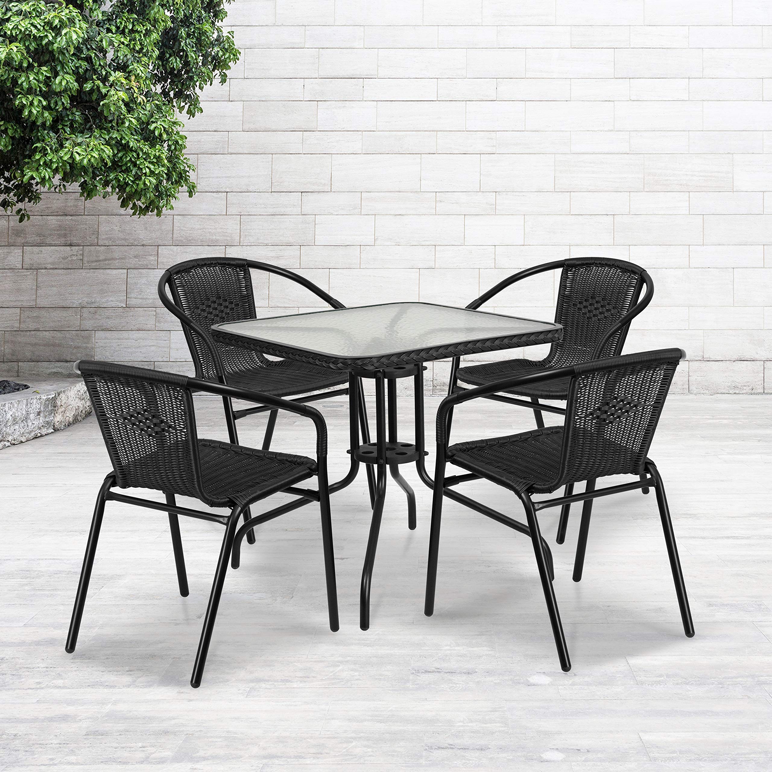 Flash Furniture 5-Piece 28' Square Indoor/Outdoor Patio Table And Chairs Set, Dining Set With Glass Metal Bistro Table, 4 Stack Rattan Chairs, Black