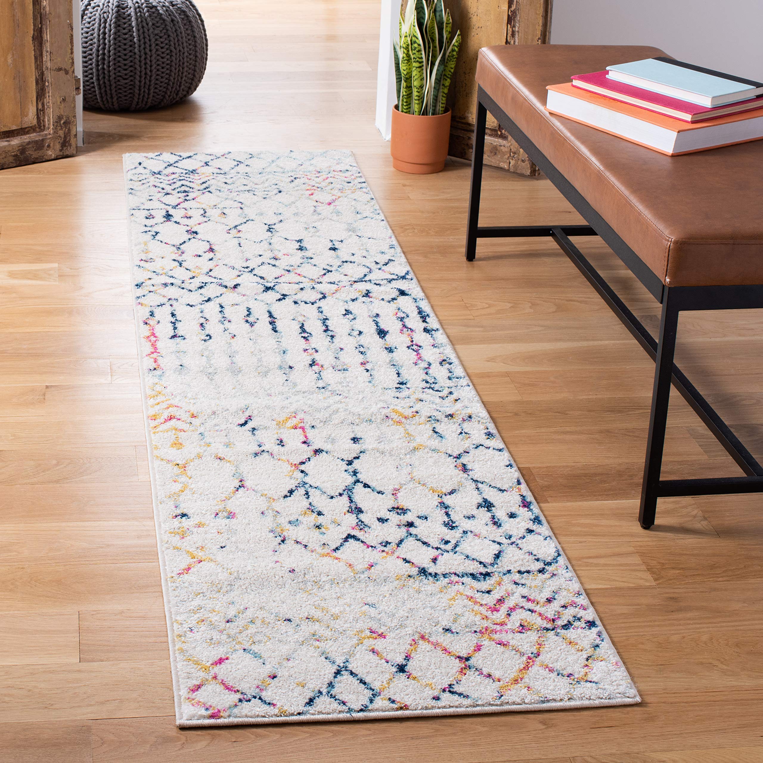 SAFAVIEH Tulum Collection Runner Rug - 2 x 21, Ivory & Blue, Moroccan Boho Distressed Design, Non-Shedding & Easy Care, Ideal 