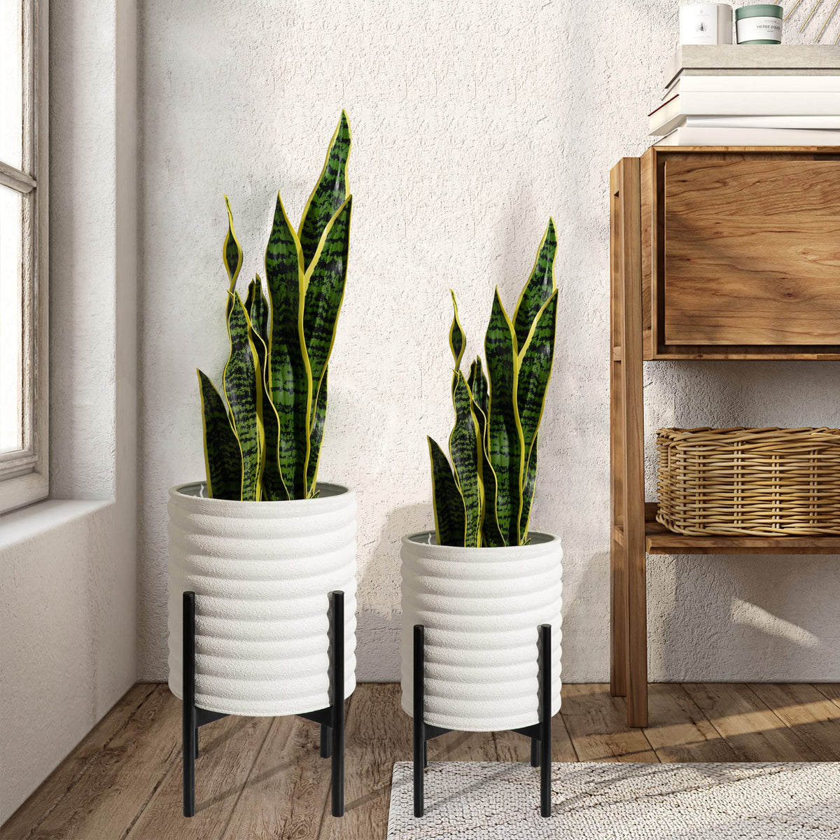 Oakrain Mid Century Planters For Indoor Plants, Set Of 2, Modern Decorative Metal Planter Pots For Living Room, Office, Garden O