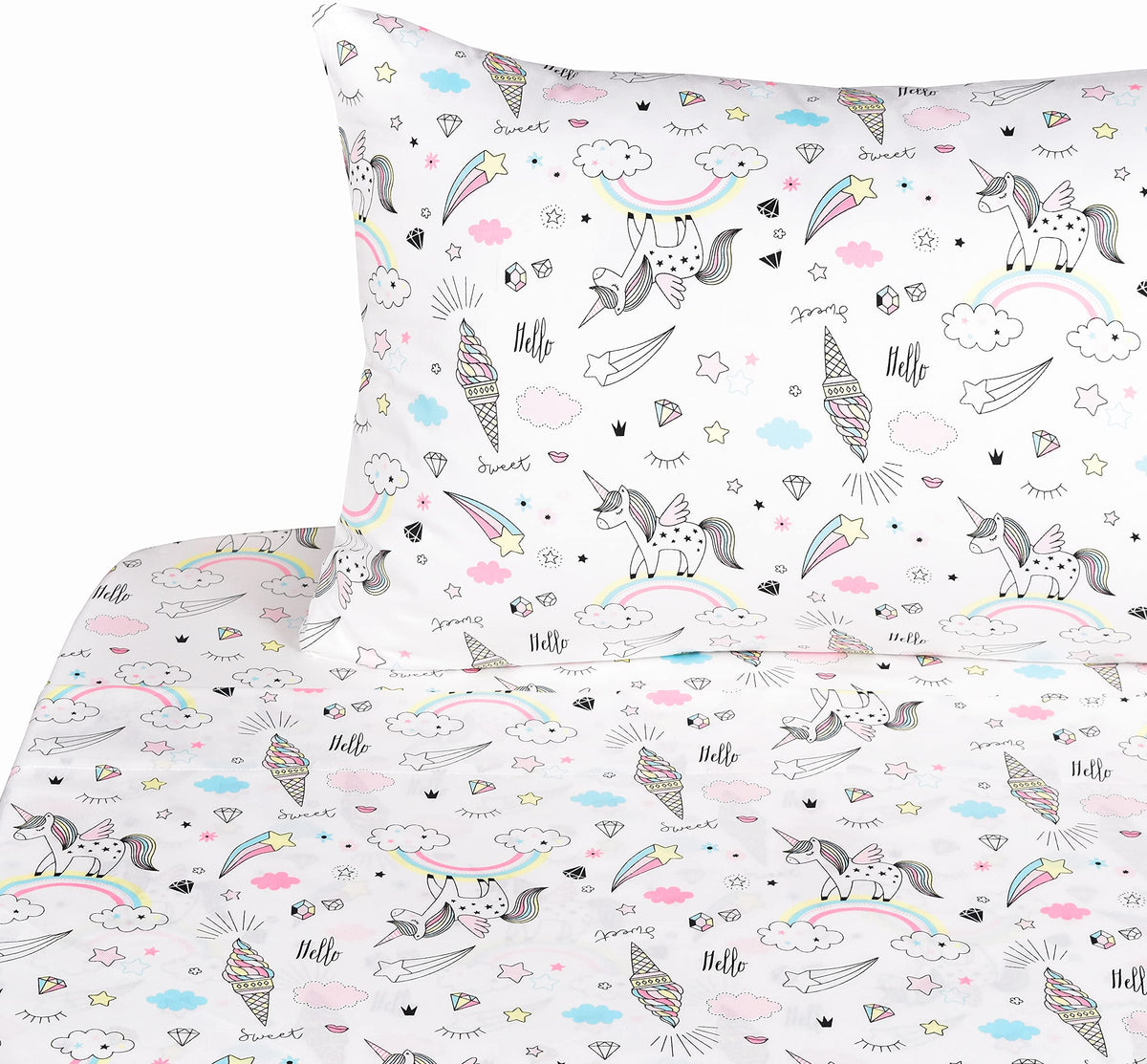J-Pinno Unicorn Rainbow Ice-Cream Cone Twin 100% Cotton 3 Pieces Sheet Set For Kids Girls Children Flat Sheet + Fitted Sheet + P