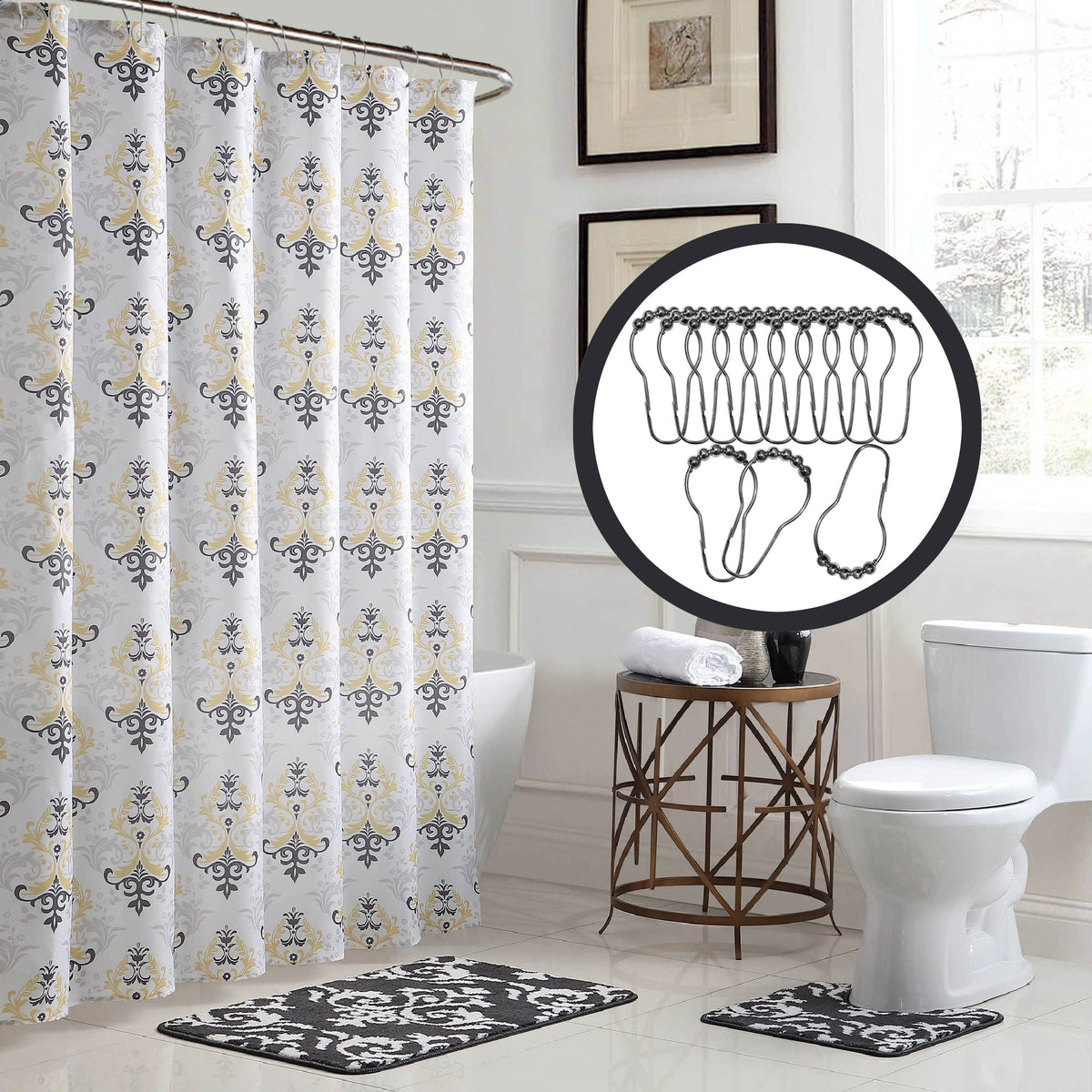 Creative Home Ideas Bath Fusion Shower Curtain Set, 72'X72', Cameron Yellow/Grey/White