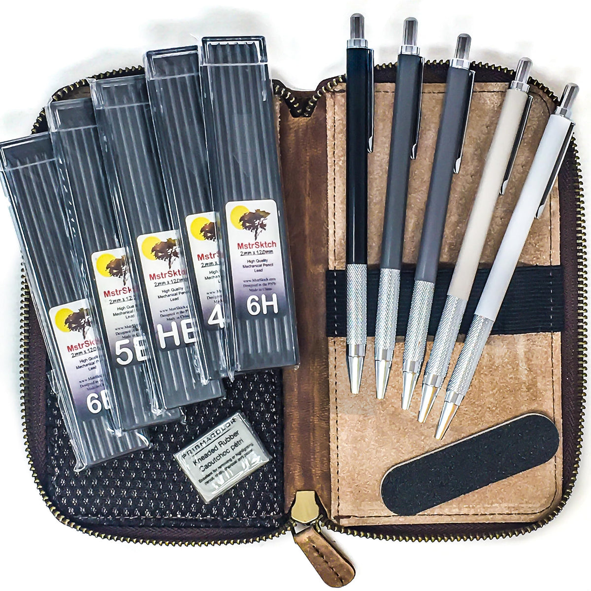 Premium Metal Drawing Mechanical Pencils For Sketching In Leather Pencil Case, 2Mm Lead Refills, Kneaded Eraser For Artists, Des