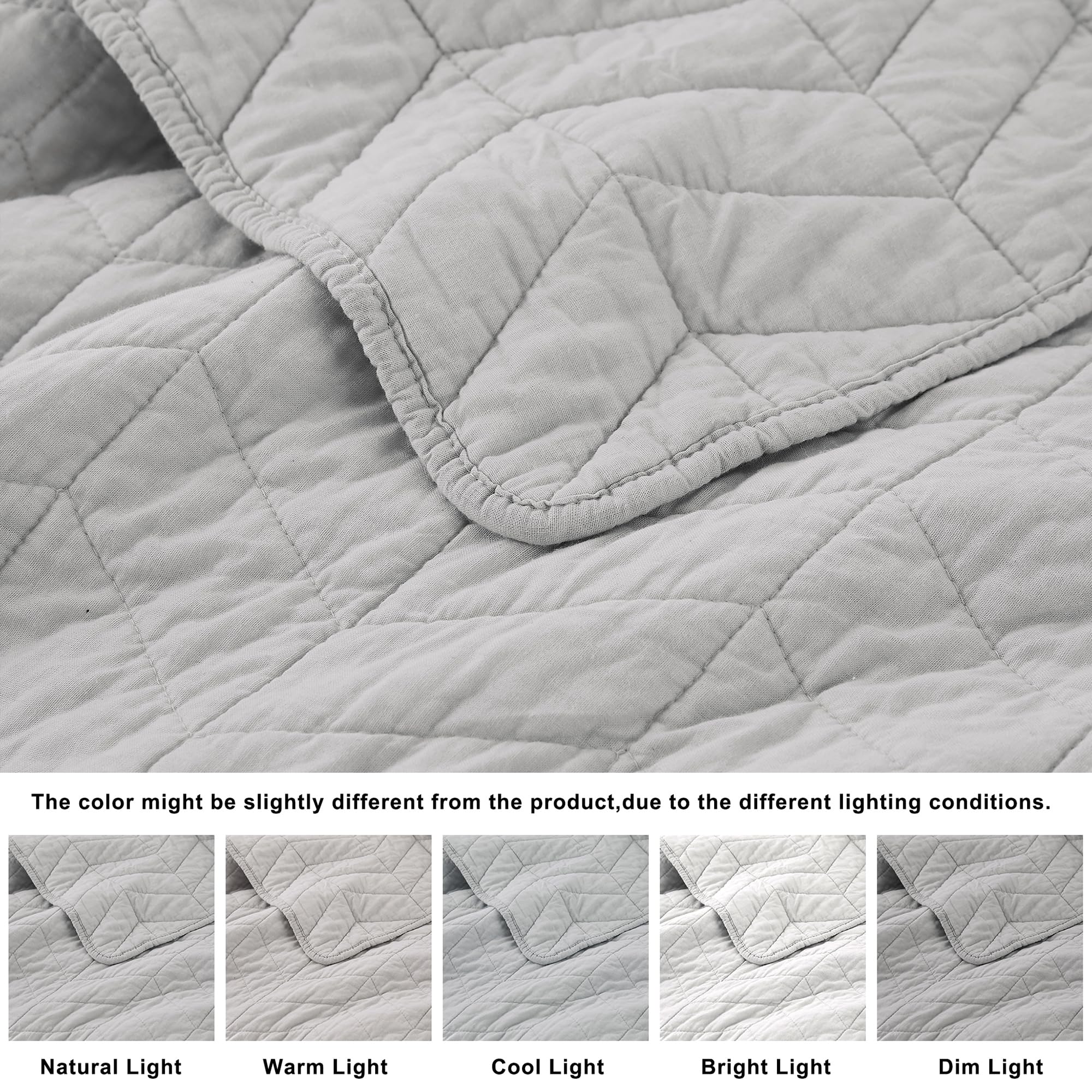 Palassio Light Grey 100% Cotton Quilt Twin Size Bedding Sets With Pillow Sham, Lightweight Soft Bedspread Coverlet, Quilted Comf
