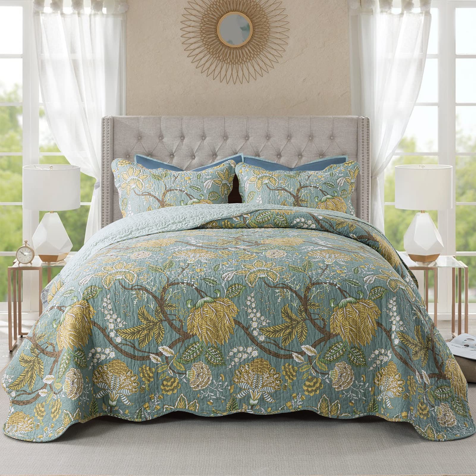 Newlake Cotton Bedspread Quilt Sets-Reversible Patchwork Coverlet Set, Green Floral Pattern, King Size