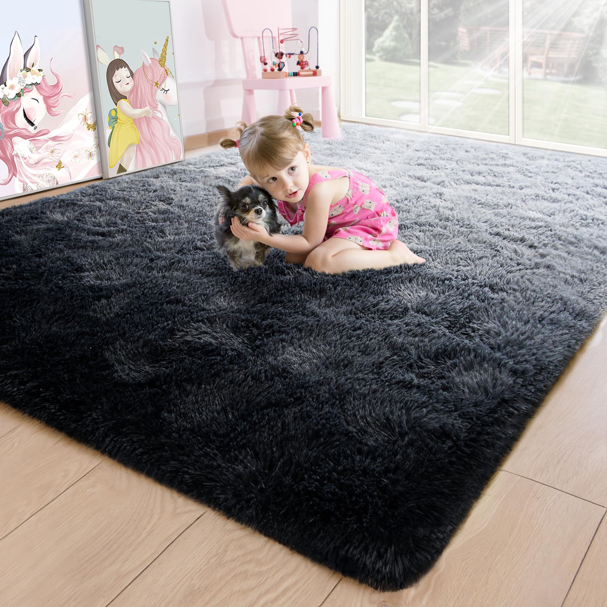 Noahas Fuzzy Rugs for Bedroom,4x6 Tie-Dyed Black and Grey Area Rug,Fluffy Bedroom Carpet,Thick Shag Rug,Fuzzy Living Room Rugs,S