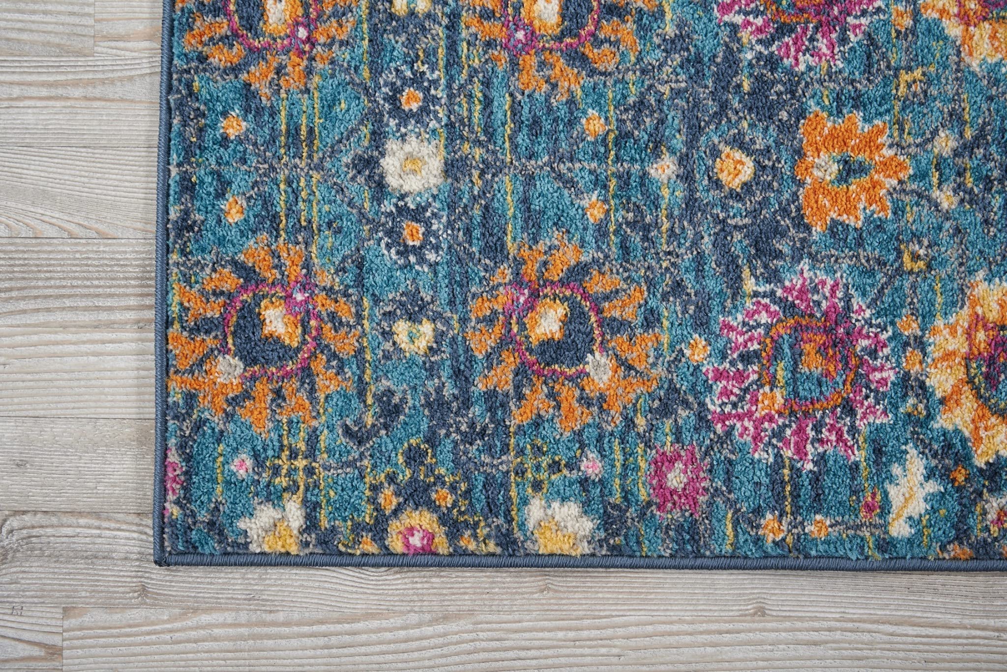 HomeRoots 100% Polypropylene 2' x 6’ Denim Blue Florals Distressed Runner Rug