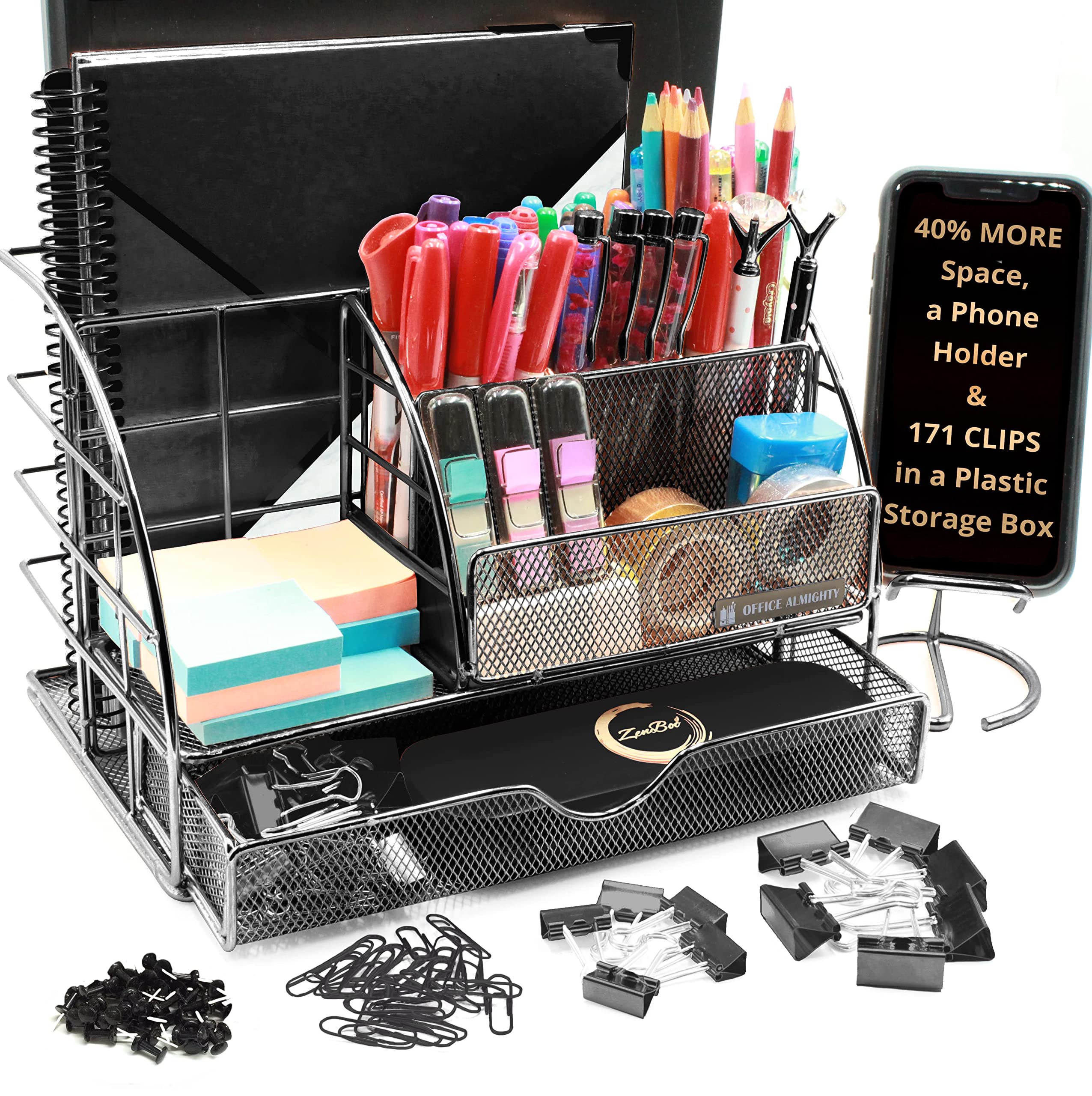 Office Almighty Black Desk Organizer For Men: Large 7 In 1 Mesh Metal Supplies Organizer With Pen Holders, Folder Holder & Acces