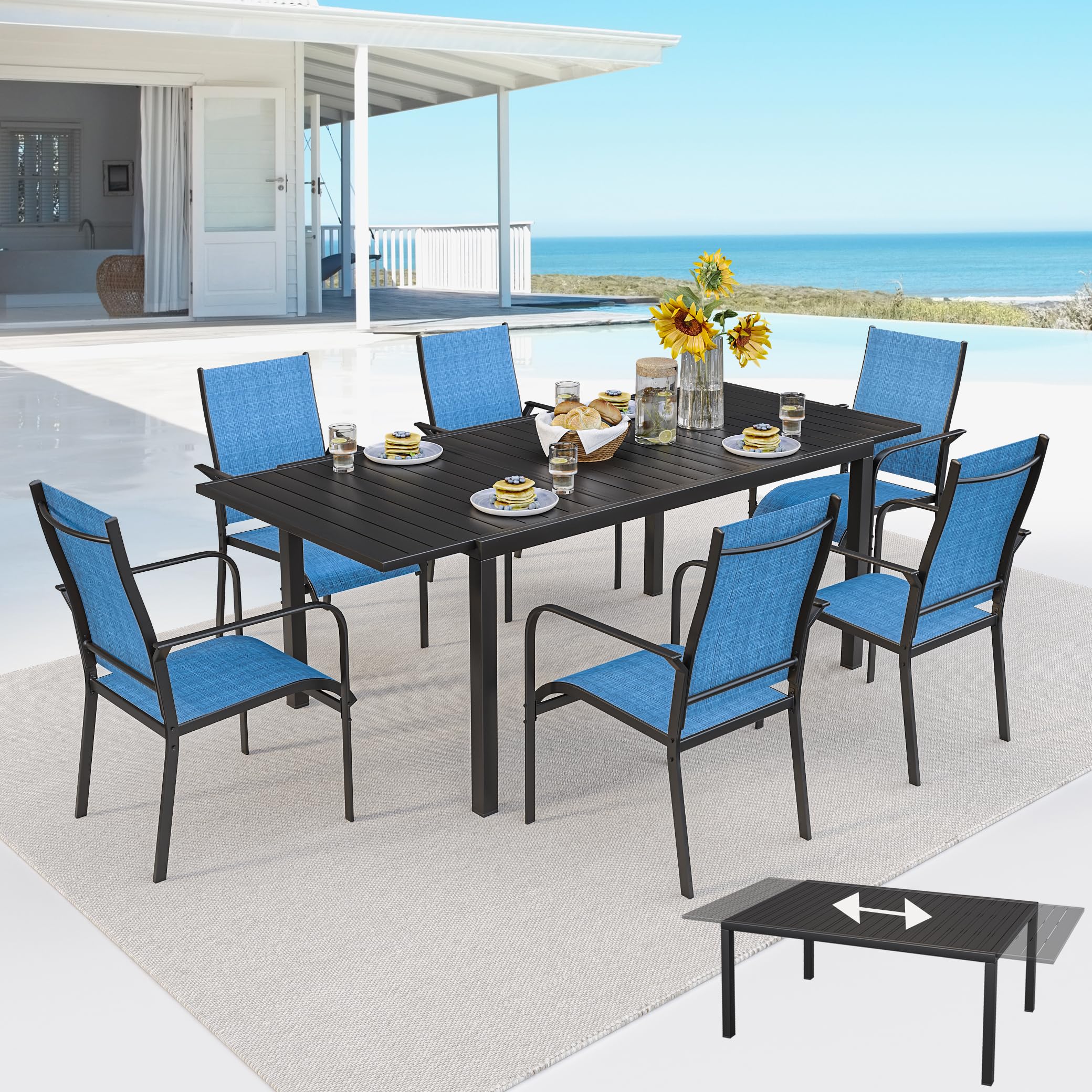 7-Piece Outdoor Patio Dining Set With 6 Stackable Chairs, 38'-84' Extendable Metal Table For 4-8 Person,Waterproof Patio Table