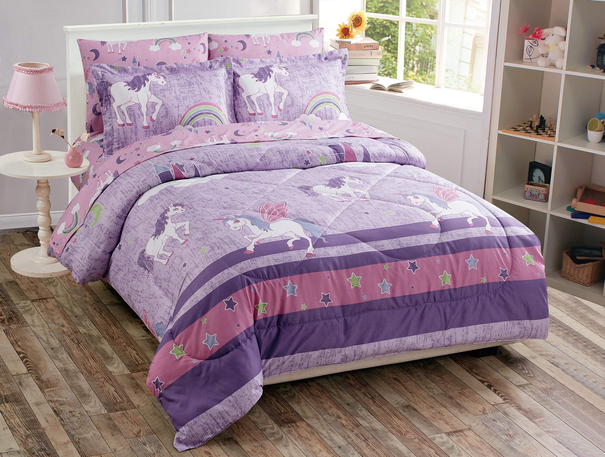 Kids Zone Home Linen 5Pc Twin Size Comforter Set Unicorn Castle Rainbow Lavander Pink Purple MultiColor For Girls/Teen