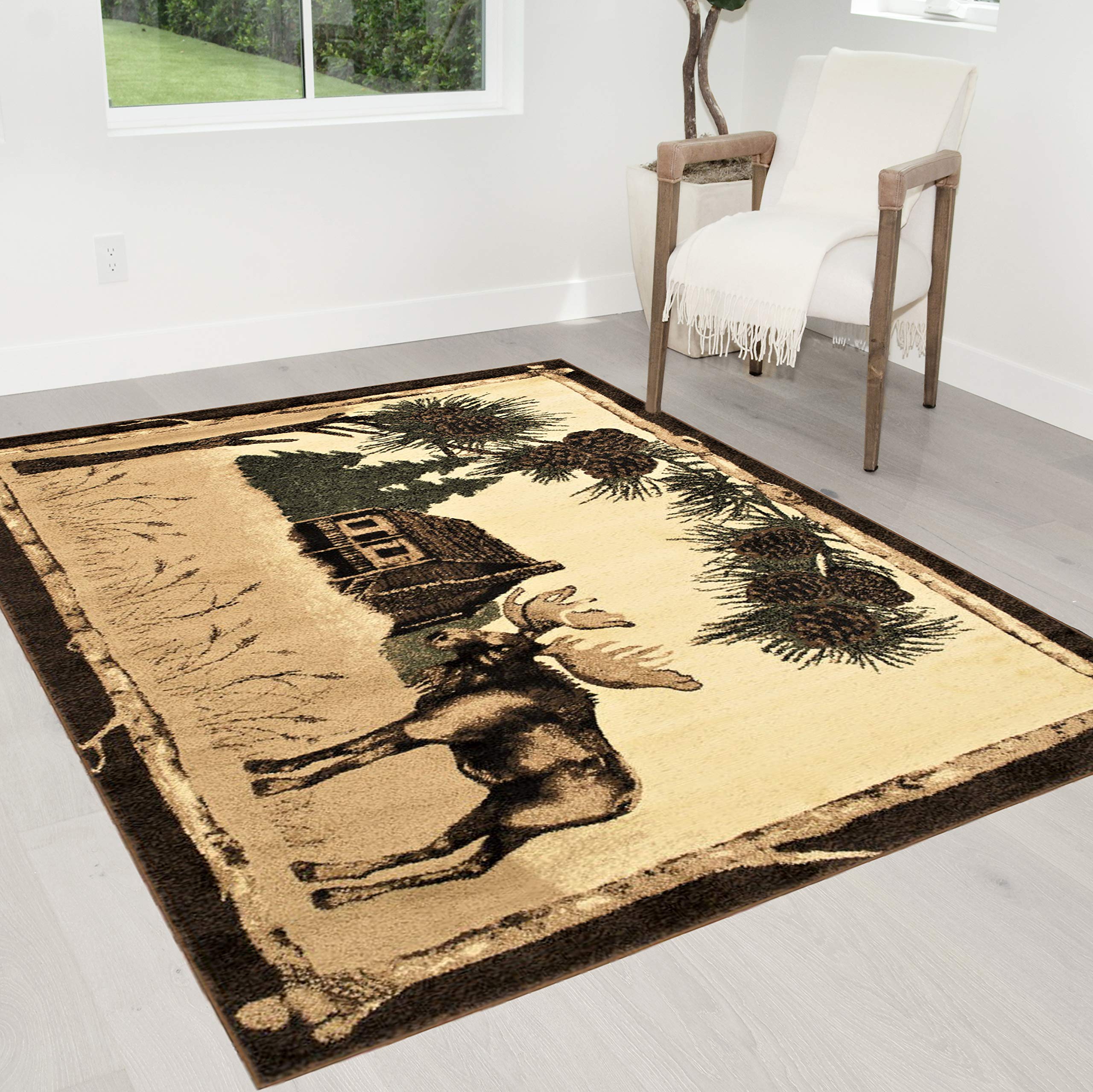 HR Lodge, Cabin Nature and Animals Area Rug Nature Pattern Cabin Area Rug Abstract, Chocolate/Beige/Green-Bear/Lodge