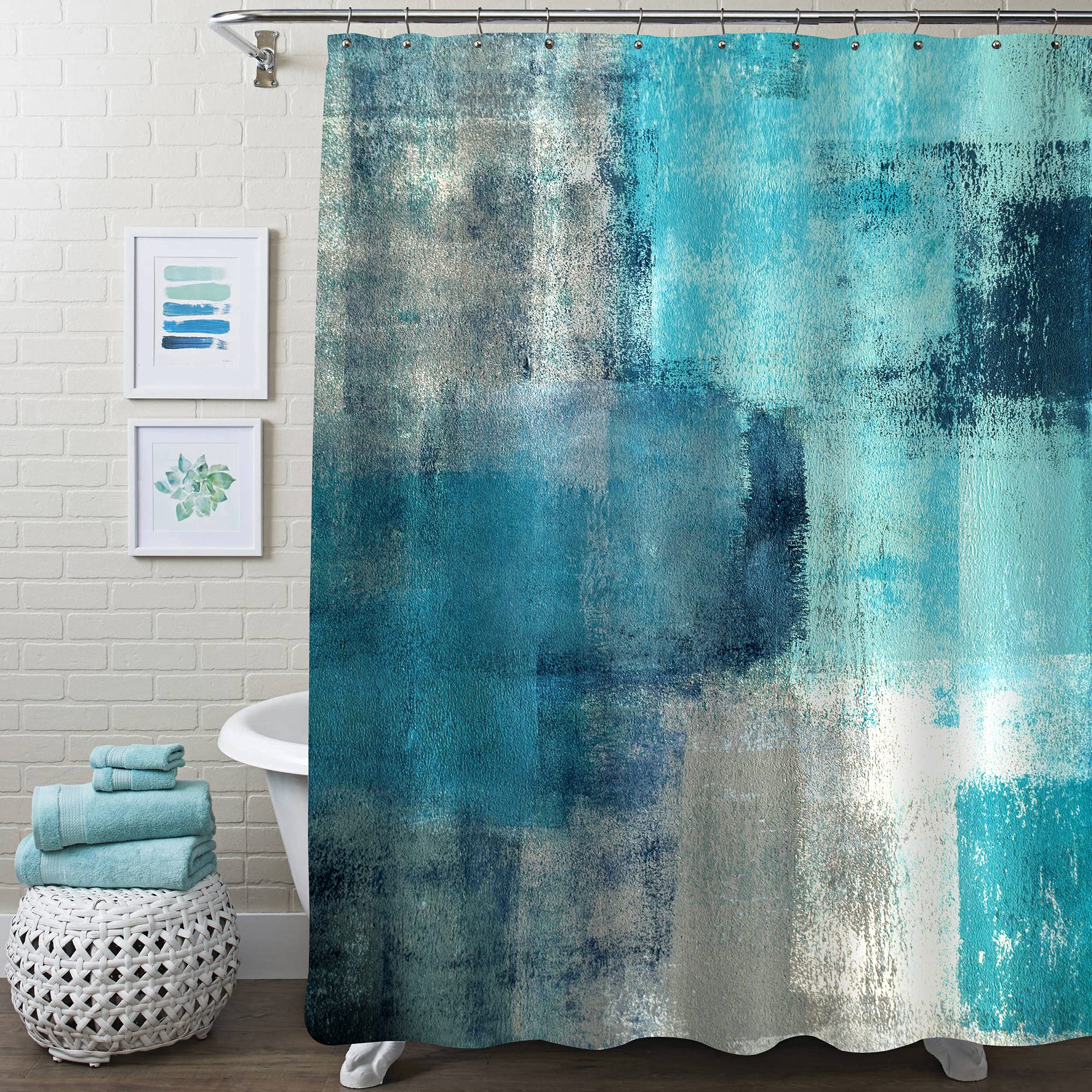 Mitovilla Teal Blue Shower Curtains For Modern Abstract Bathroom Decor, Turquoise Green Fabric Shower Curtain, Vintage Country G