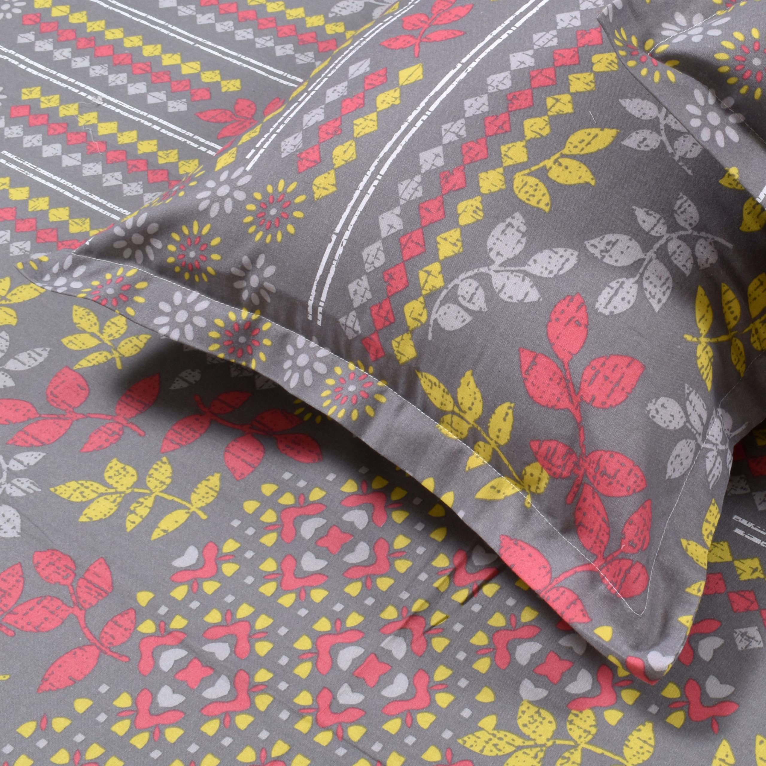 Huesland By Ahmedabad Cotton 144 Tc Double Bedsheet Cotton With 2 Pillow Covers | Grey, Yellow & Pink