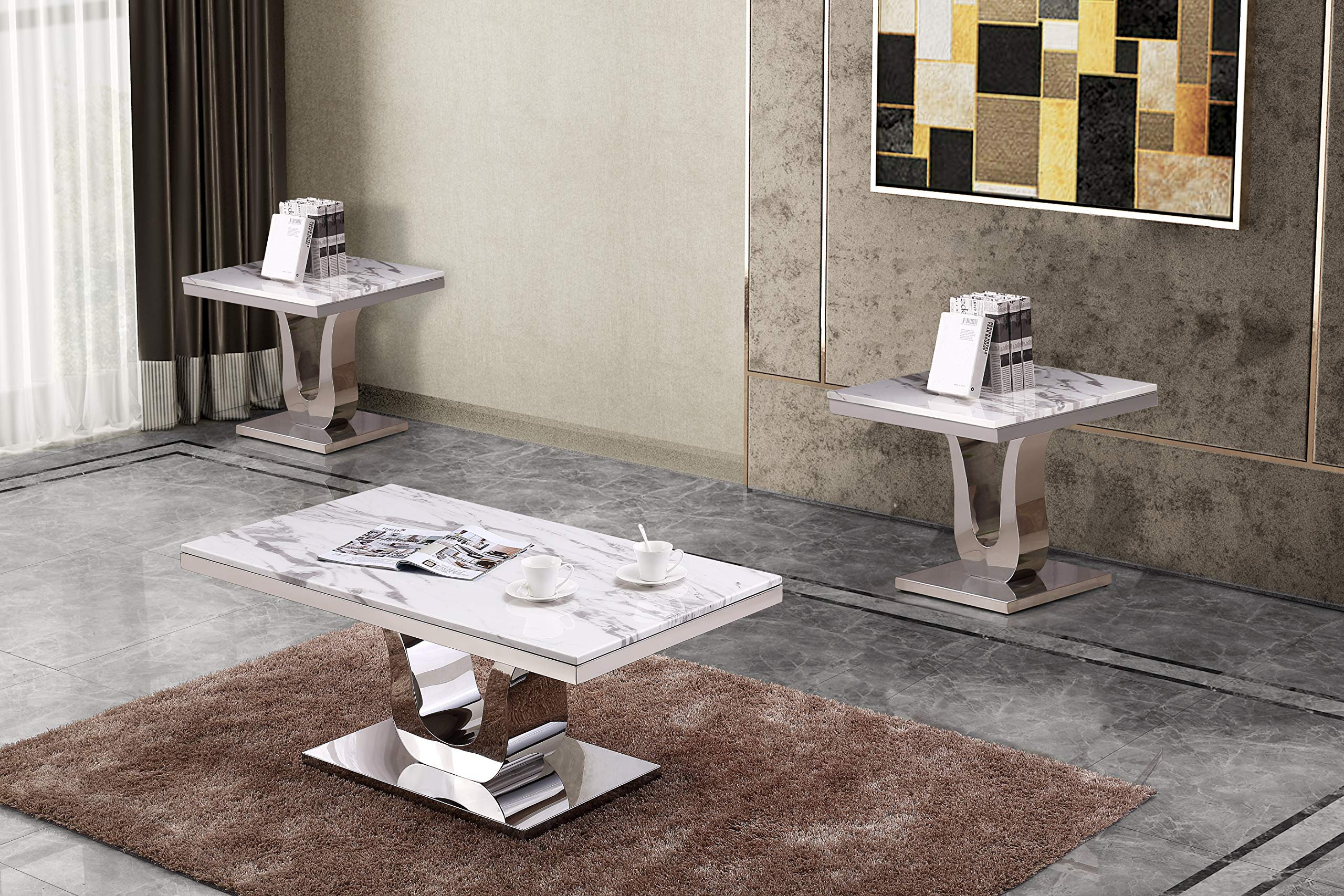 Best Quality Furniture 3 Piece Coffee End Tables Set, White, Silver