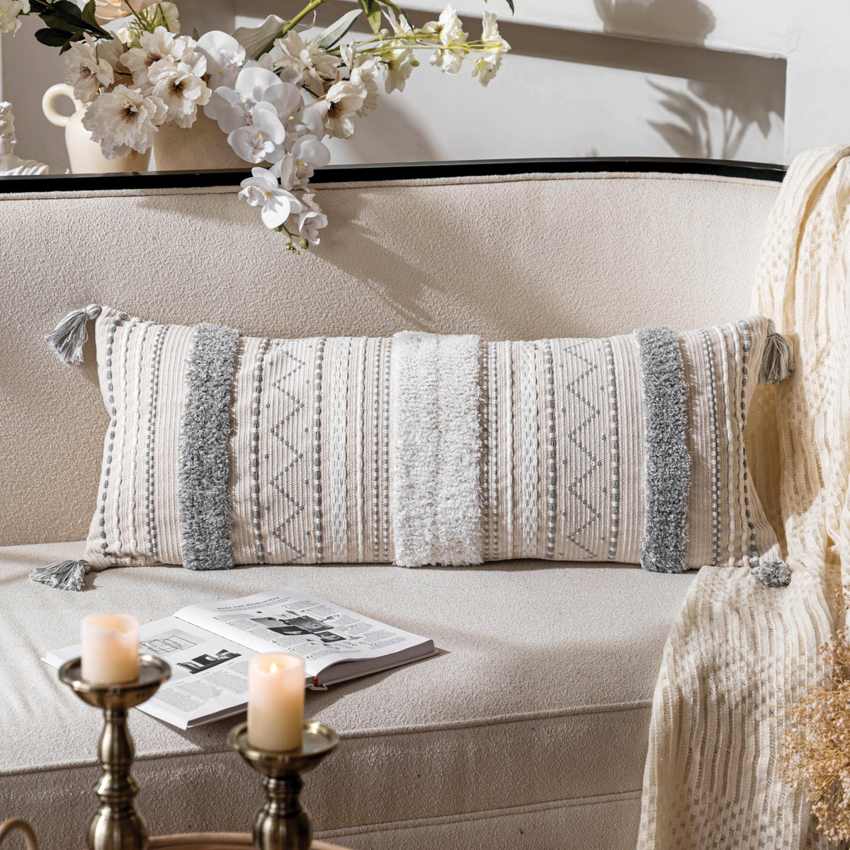 Blissblush Gray Decorative Lumbar Throw Pillow Cover 14X36 Boho Long Cushion For Bed Neutral White Accent Farmhouse Pillowcase F