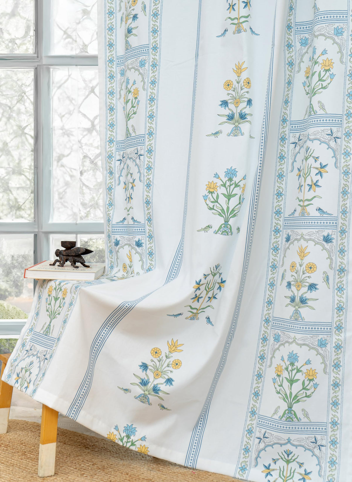 Tranquebar Curtain Co. Cotton Curtains 8 Feet Long, 6065% Room Darkening, Blue Ethnic Curtains Floral Print, 8 Feet Curtains, 8