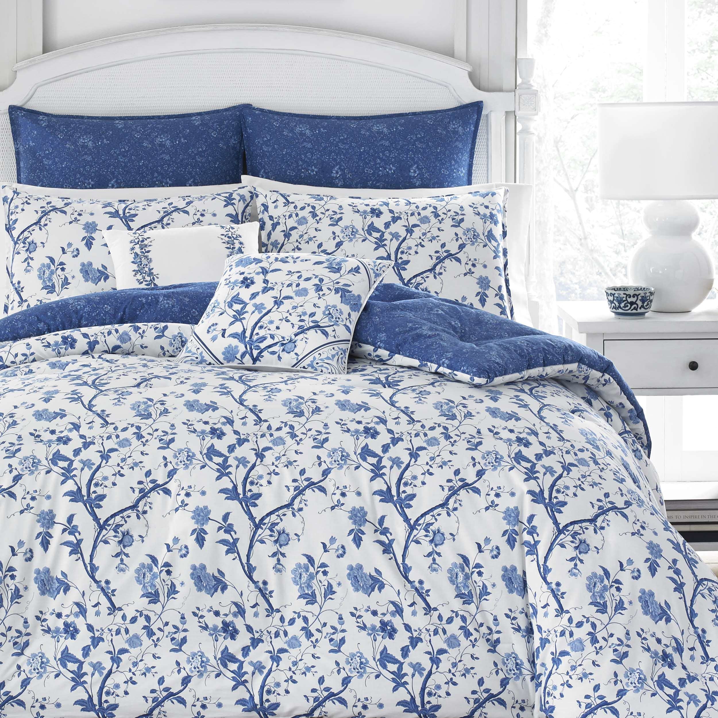 Laura Ashley - King Comforter Set, Reversible Cotton Bedding, Includes Matching Shams with Bonus Euro Shams & Throw Pills (Elise