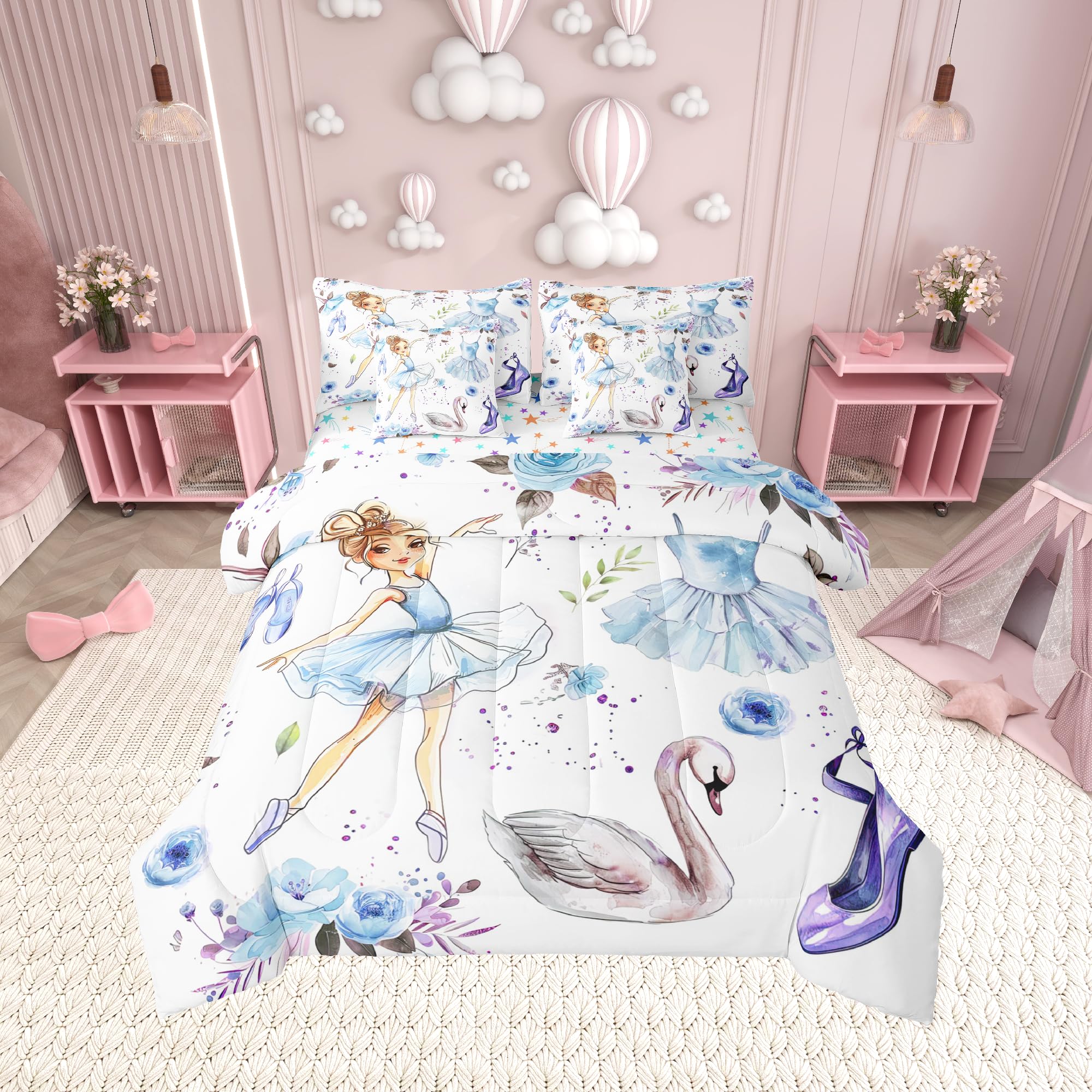 Ballet Dance Girl Comforter Set Queen Size 7 Pcs,Blue Dancing Dress Shoes Bedding Set,Fantasy Swan Watercolor Flowers Dreamy(Com