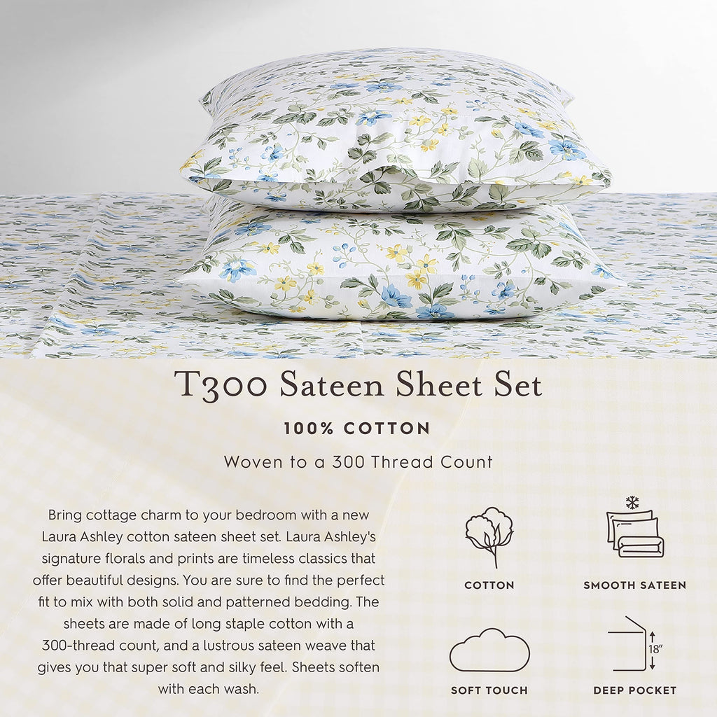 Laura Ashley Home - Queen Sheets, Soft Sateen Cotton Bedding Set - Sleek, Smooth, & Breathable Home Decor (Meadow Floral Blue,4Pcs, Queen)
