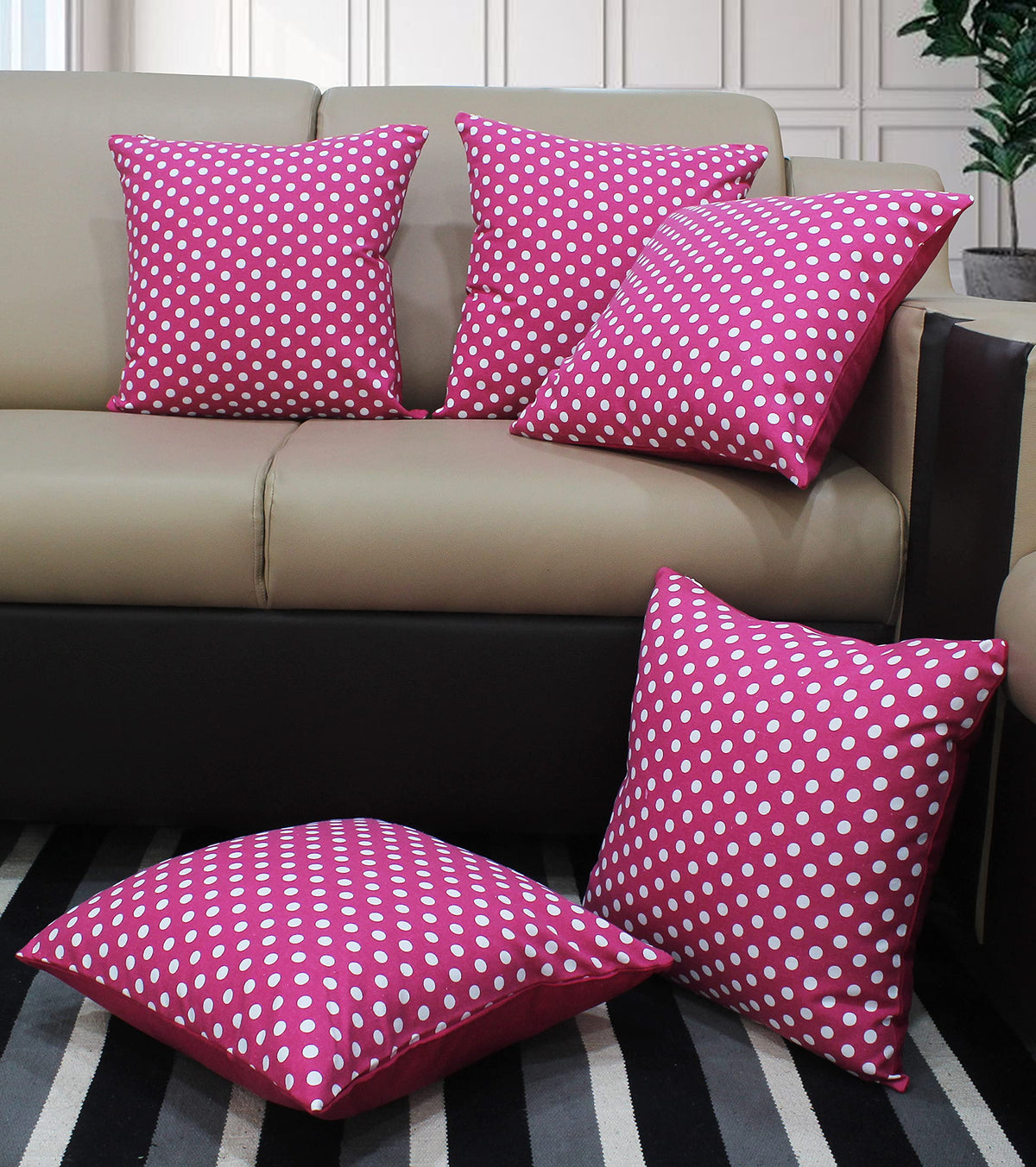 Airwill Cotton Polka Dot Pink Themed Cushion Covers For Cushions & Pillows (Pink & White, Pack Of 5)