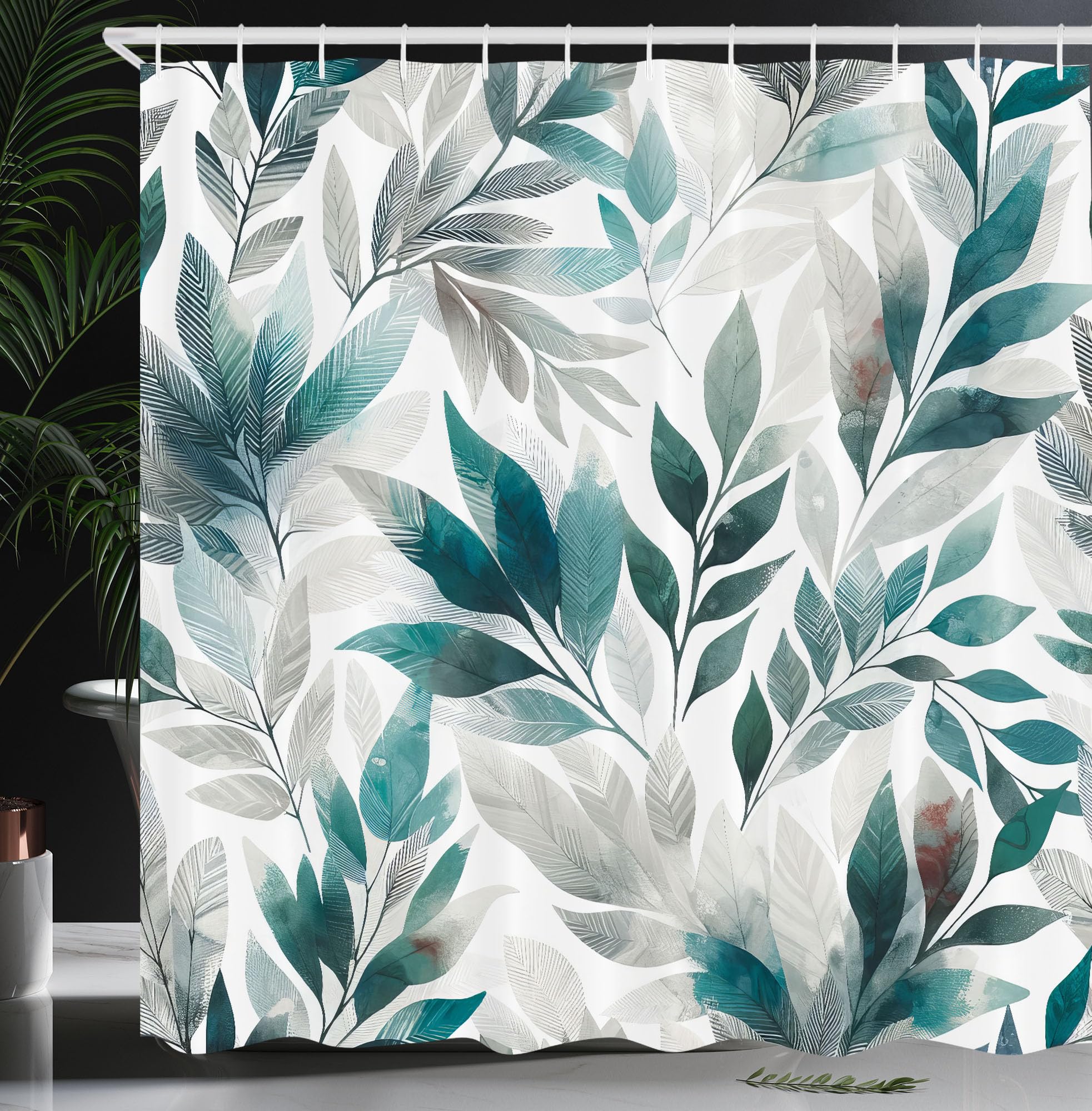 Ambesonne Teal Shower Curtain, Urban Jungle Theme Phantom of Leaves Greenery on Plain Back Dreamy Exotics, Cloth Fabric Bathroom