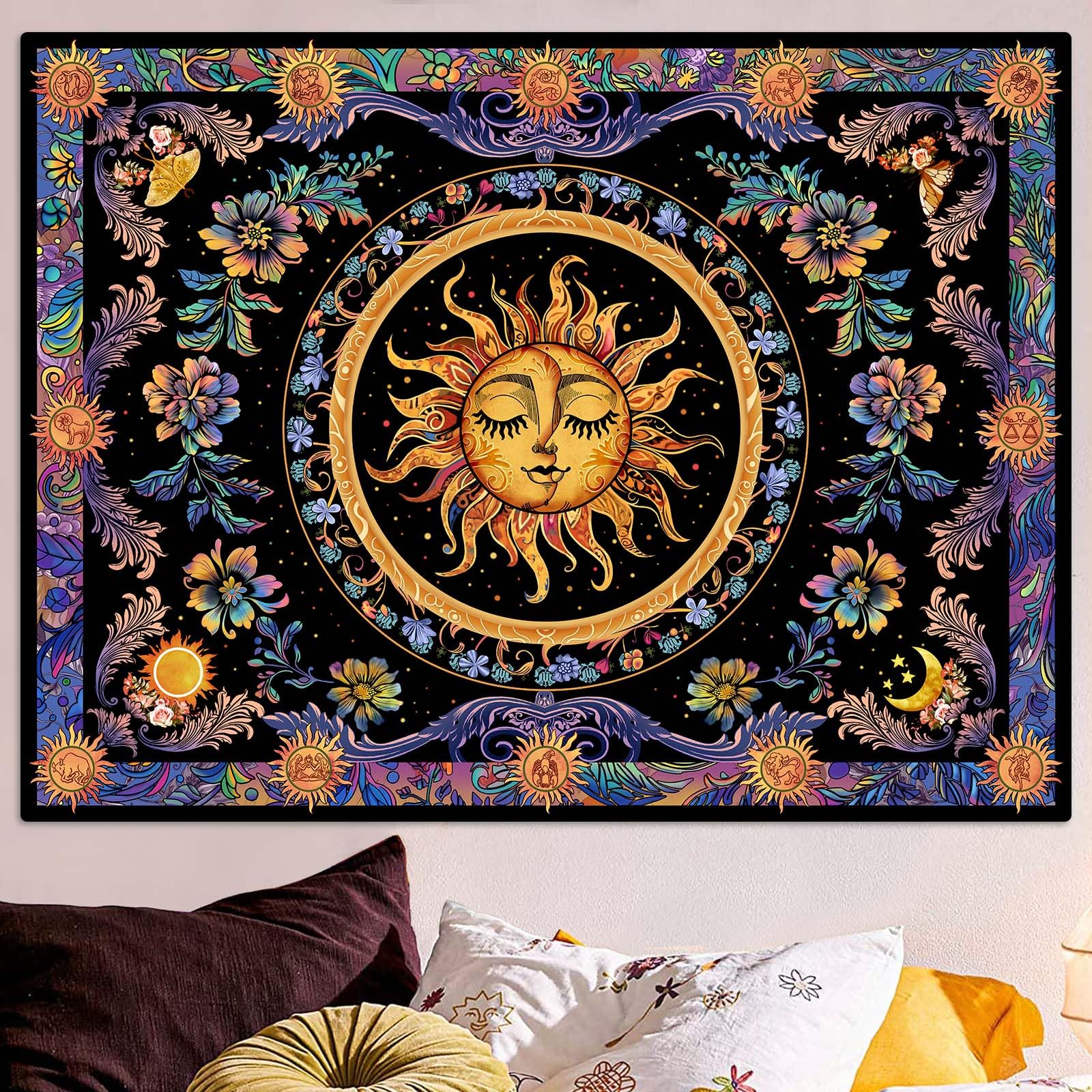 Accnicc Sun And Moon Tapestry Psychedelic Floral Plant Tapestries For Bedroom Aesthetic Hippie Boho Flower Tapestry Wall Hanging