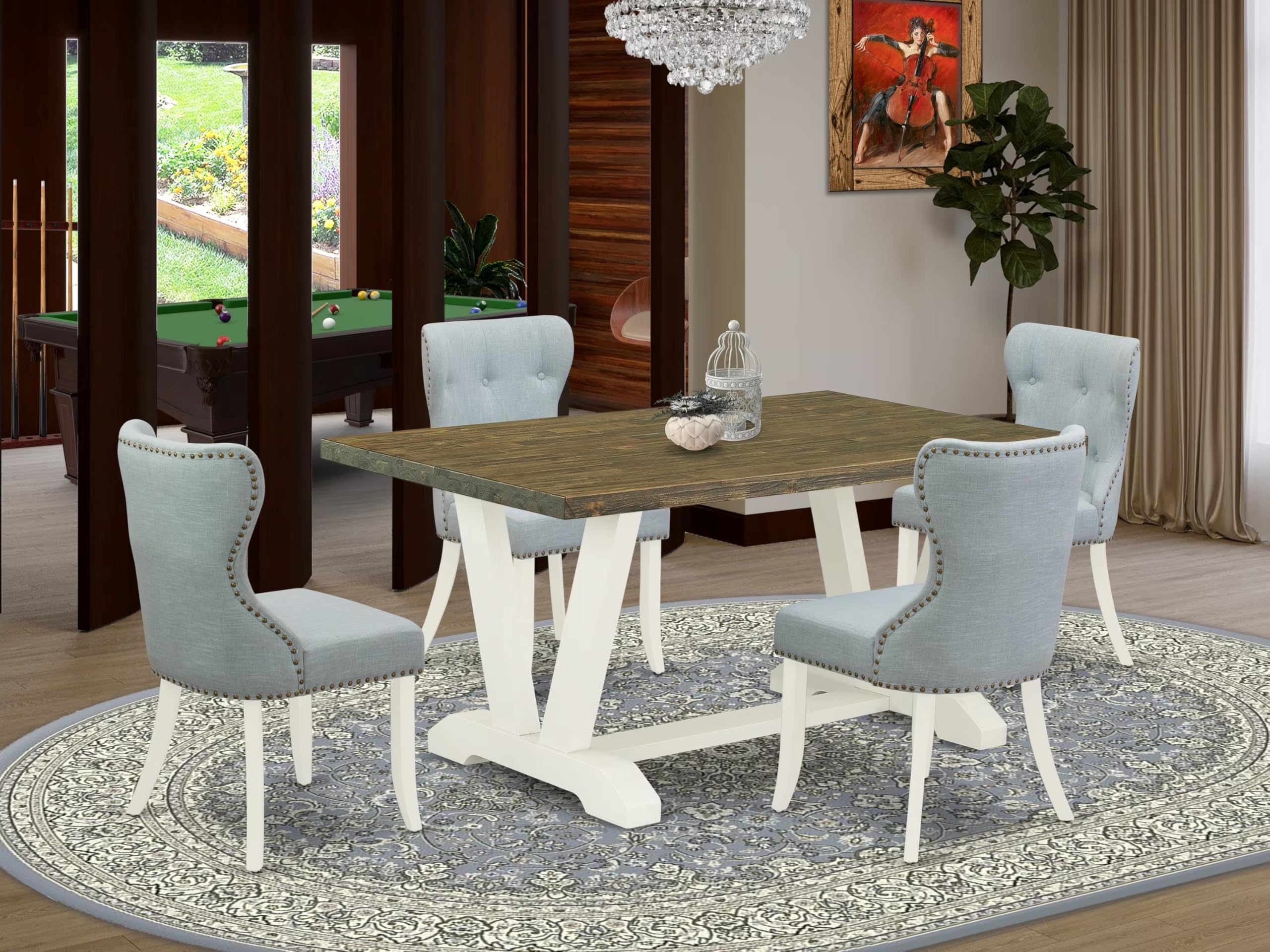 East West Furniture V076Si215-5 5 Piece Dining Room Furniture Set Includes A Rectangle Dining Table With V-Legs And 4 Baby Blue Linen Fabric Upholstered Chairs, 36X60 Inch, Multi-Color
