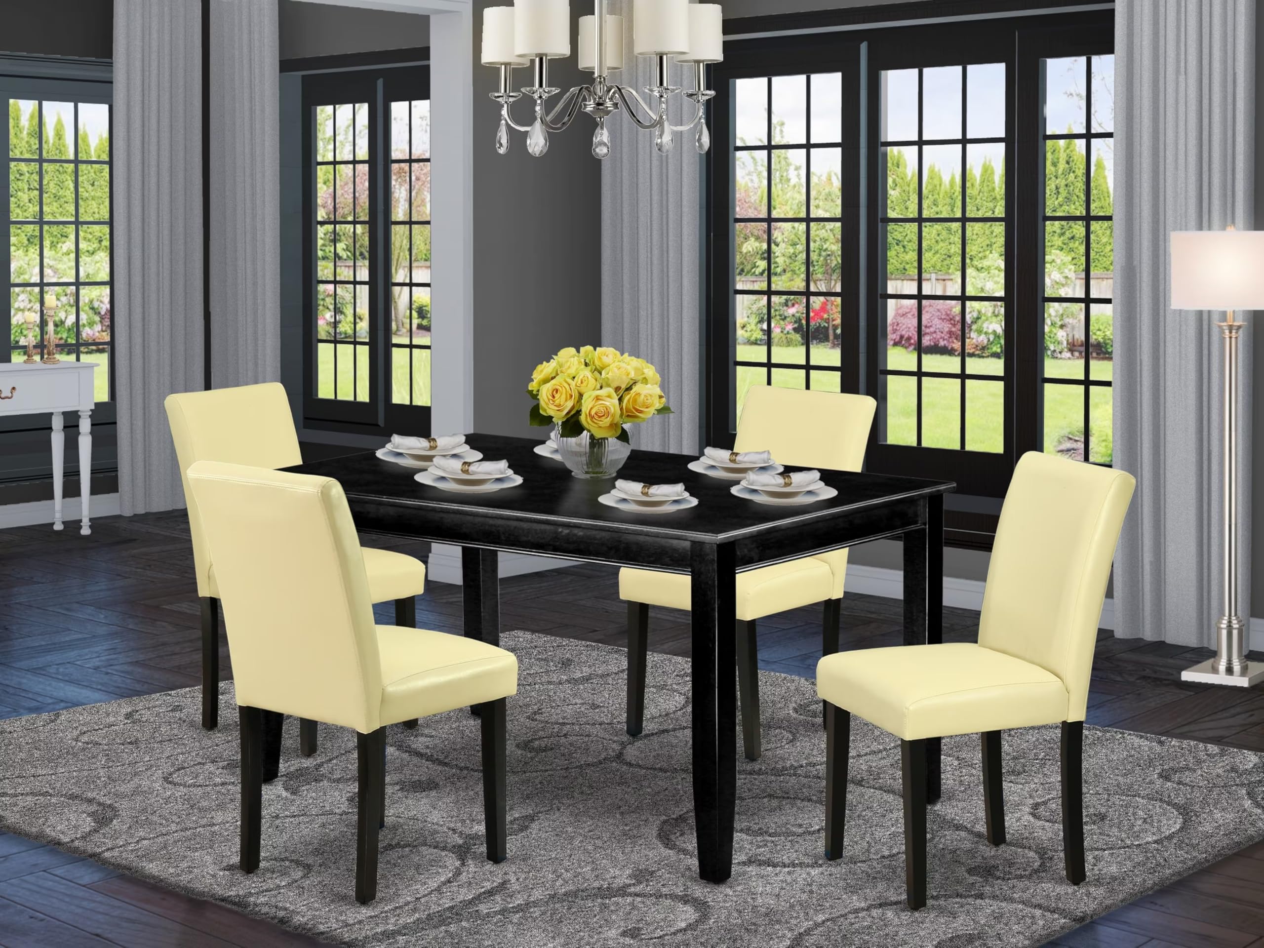 East West Furniture Duab5-Blk-73 5 Piece Dining Room Table Set Includes A Rectangle Kitchen Table And 4 Eggnog Faux Leather Parson Dining Chairs, 36X60 Inch, Black