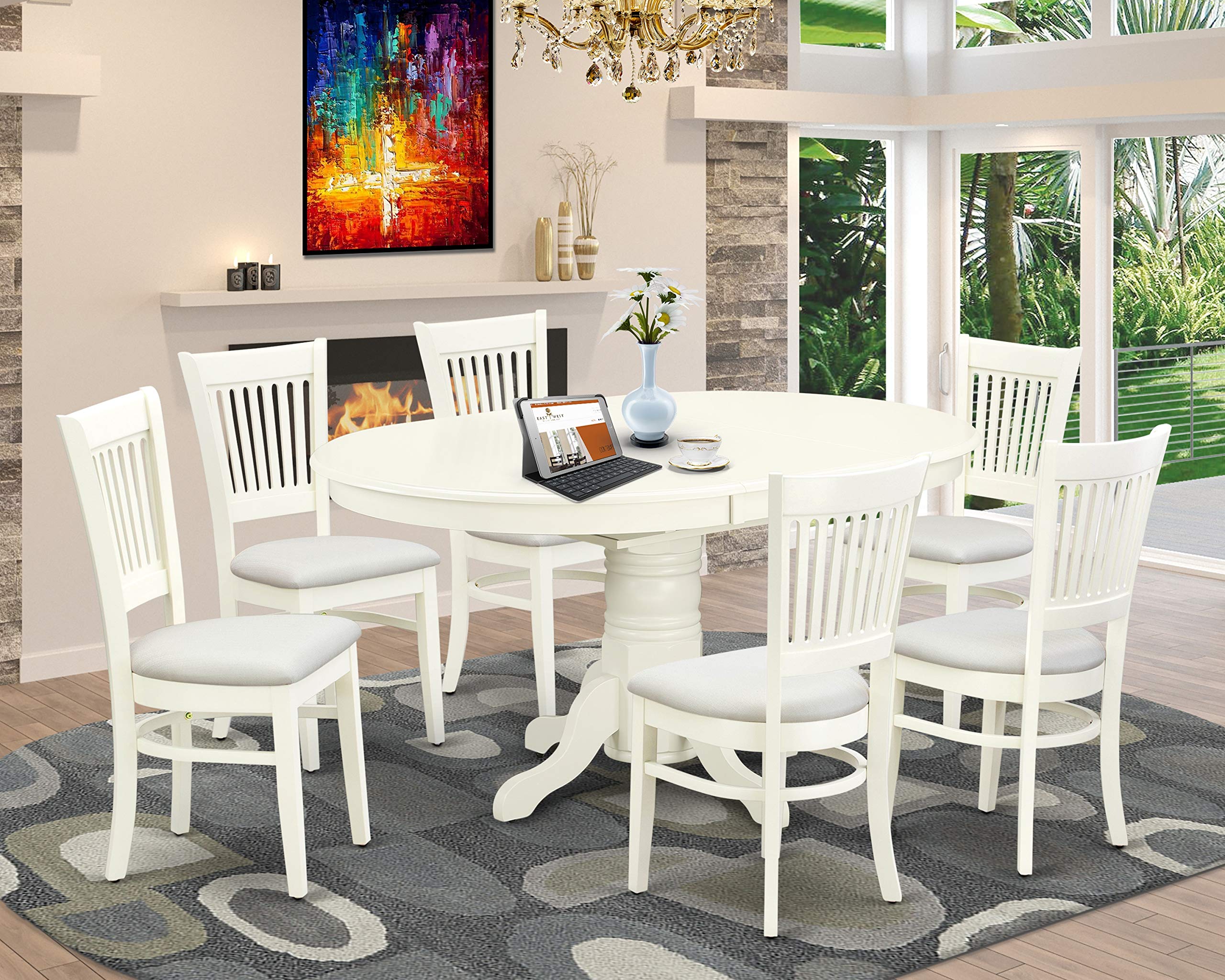 East West Furniture Avva7-Lwh-C 7 Piece Dining Room Table Set Consist Of An Oval Kitchen Table With Butterfly Leaf And 6 Linen Fabric Upholstered Dining Chairs, 42X60 Inch, Linen White