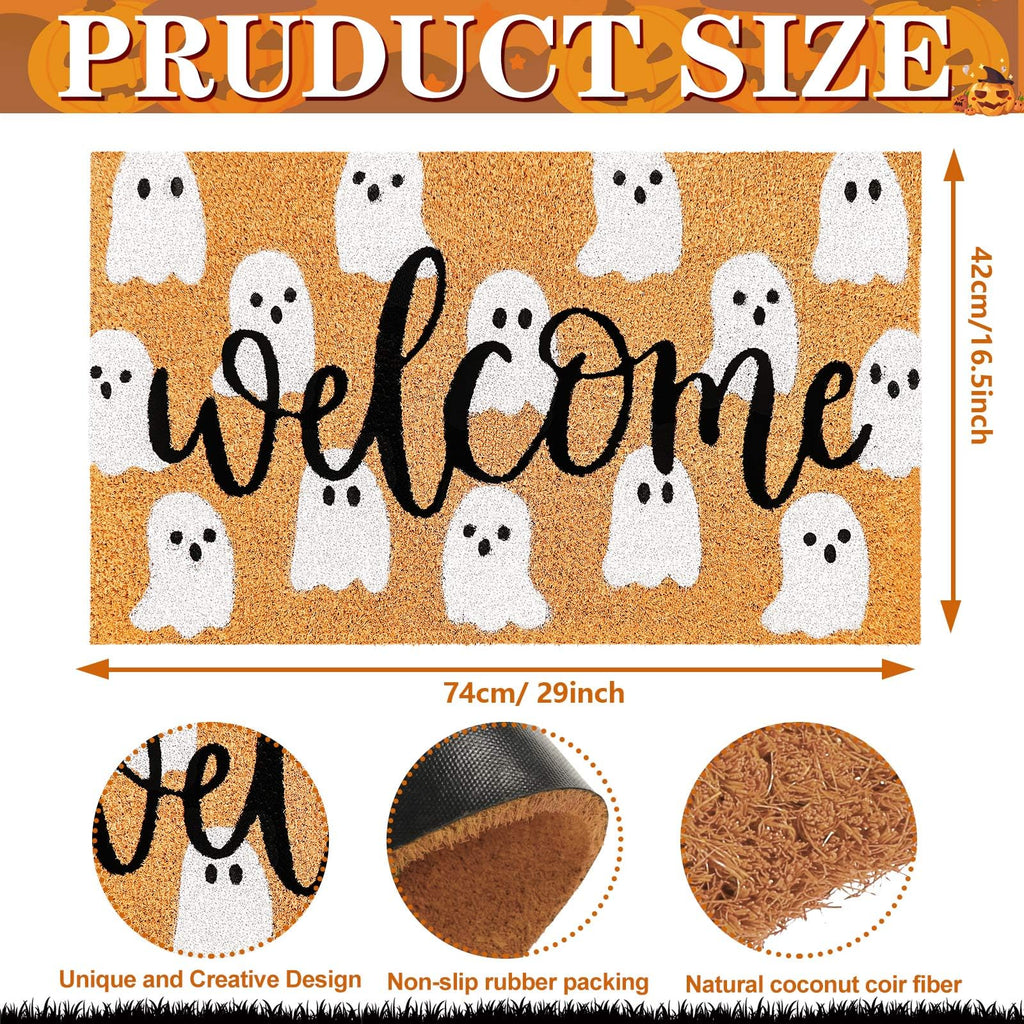 Jarthenaamcs Halloween Natural Coir Doormat Cute Ghost Welcome Floor Mat Non-Slip Entrance Door Rugs For Indoor Outdoor Bathroom