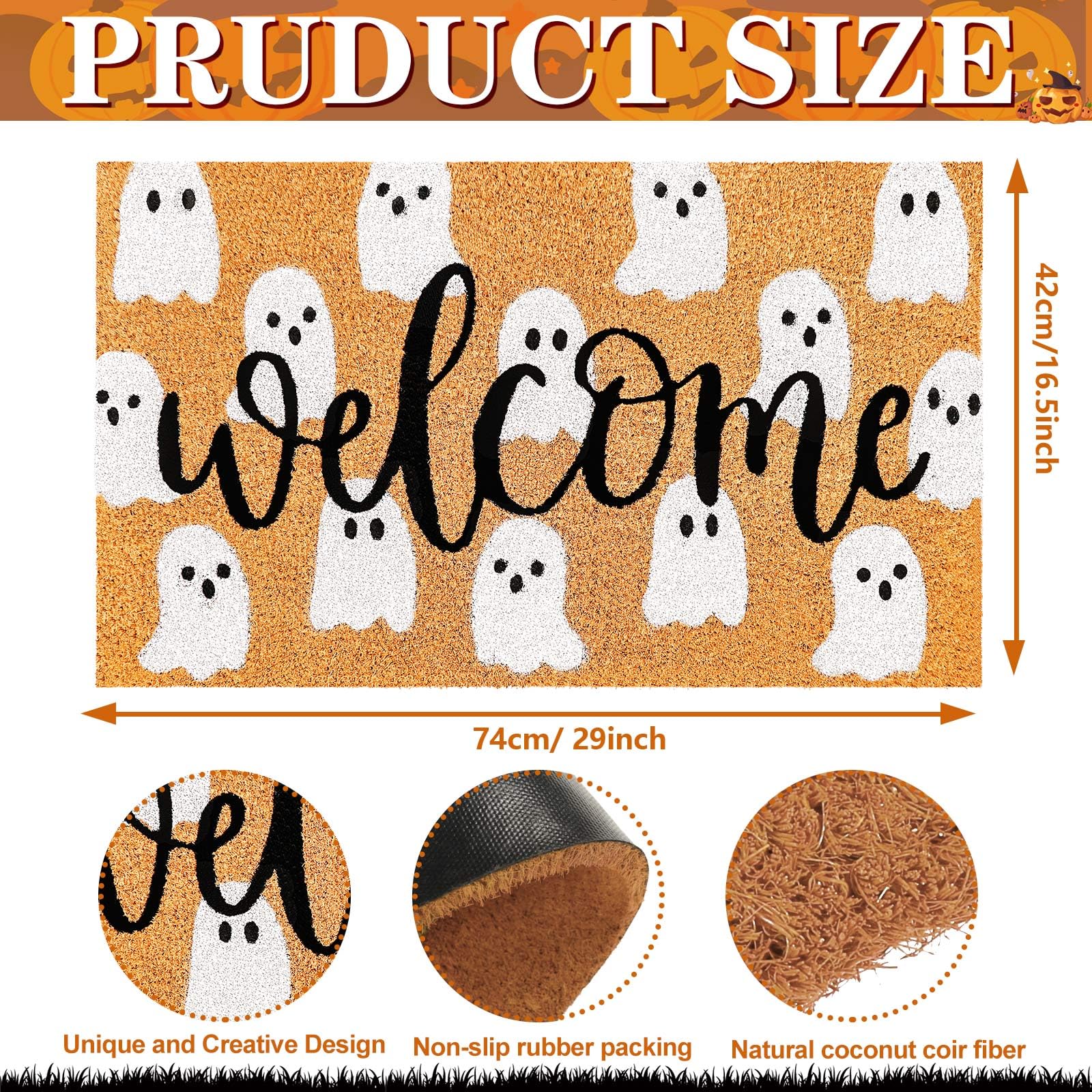 Jarthenaamcs Halloween Natural Coir Doormat Cute Ghost Welcome Floor Mat Non-Slip Entrance Door Rugs For Indoor Outdoor Bathroom