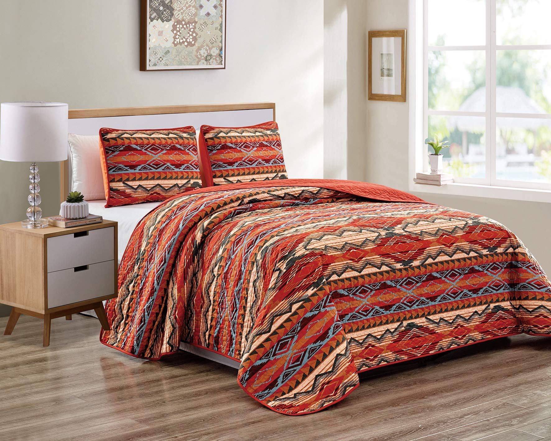 Rustic Western Native American Quilt Bedspread Coverlet Bedding Set In Modern Southwest Tribal Patterns In Soft Beige Brown Turq