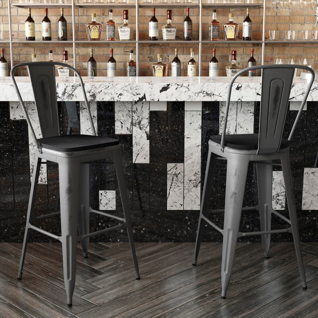 Flash Furniture Lincoln Commercial Indoor Metal Bar Stool - Clear Coated Metal Frame - Black Polystyrene Seat - 24 Inches High - Vertical Slat Back