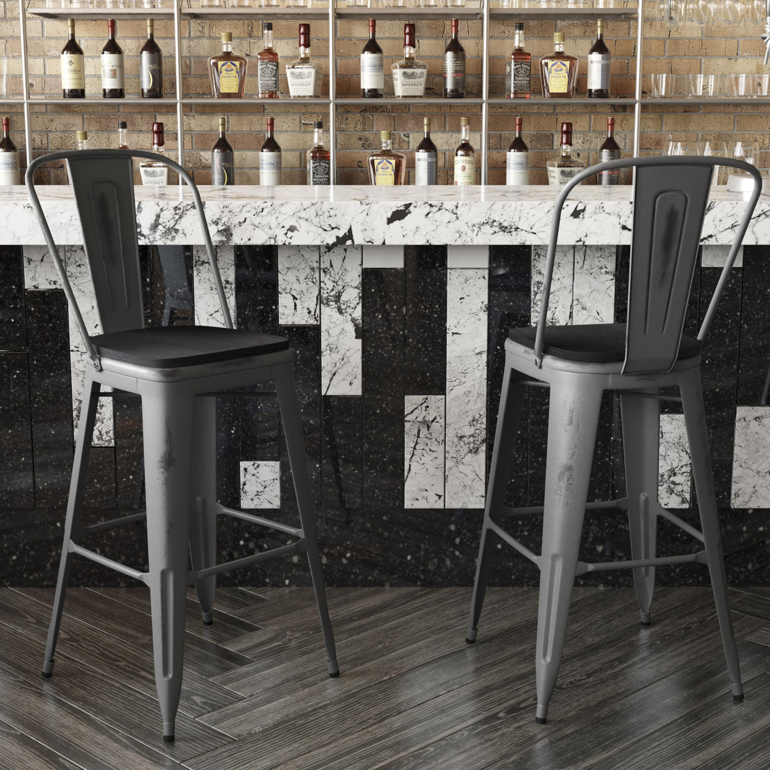 Flash Furniture Lincoln Commercial Indoor Metal Bar Stool - Clear Coated Metal Frame - Black Polystyrene Seat - 24 Inches High - Vertical Slat Back