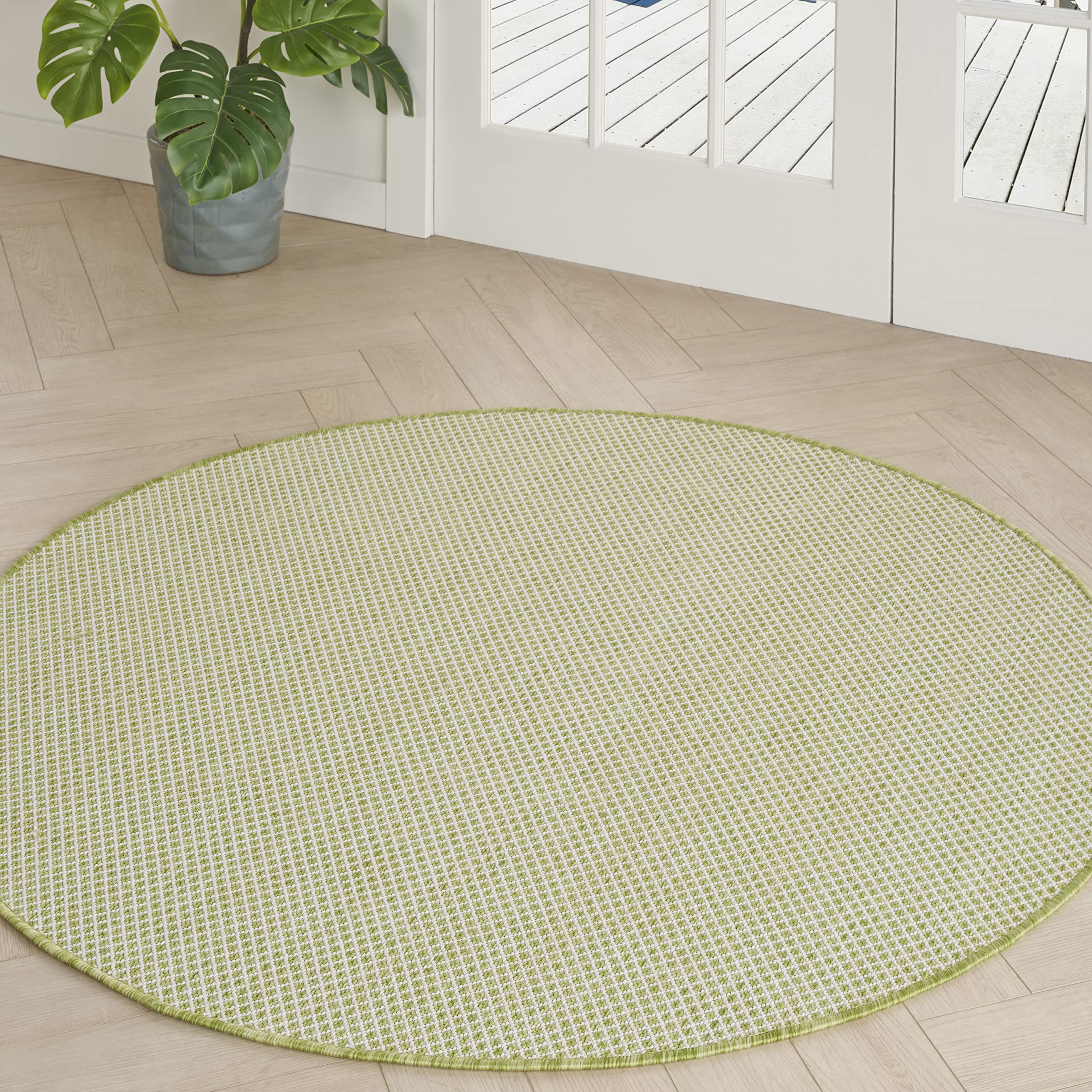 Nourison Courtyard Indoor/Outdoor Ivory Green 4' X Round Area Rug, Easy Cleaning, Non Shedding, Bed Room, Living Room, Dining Ro