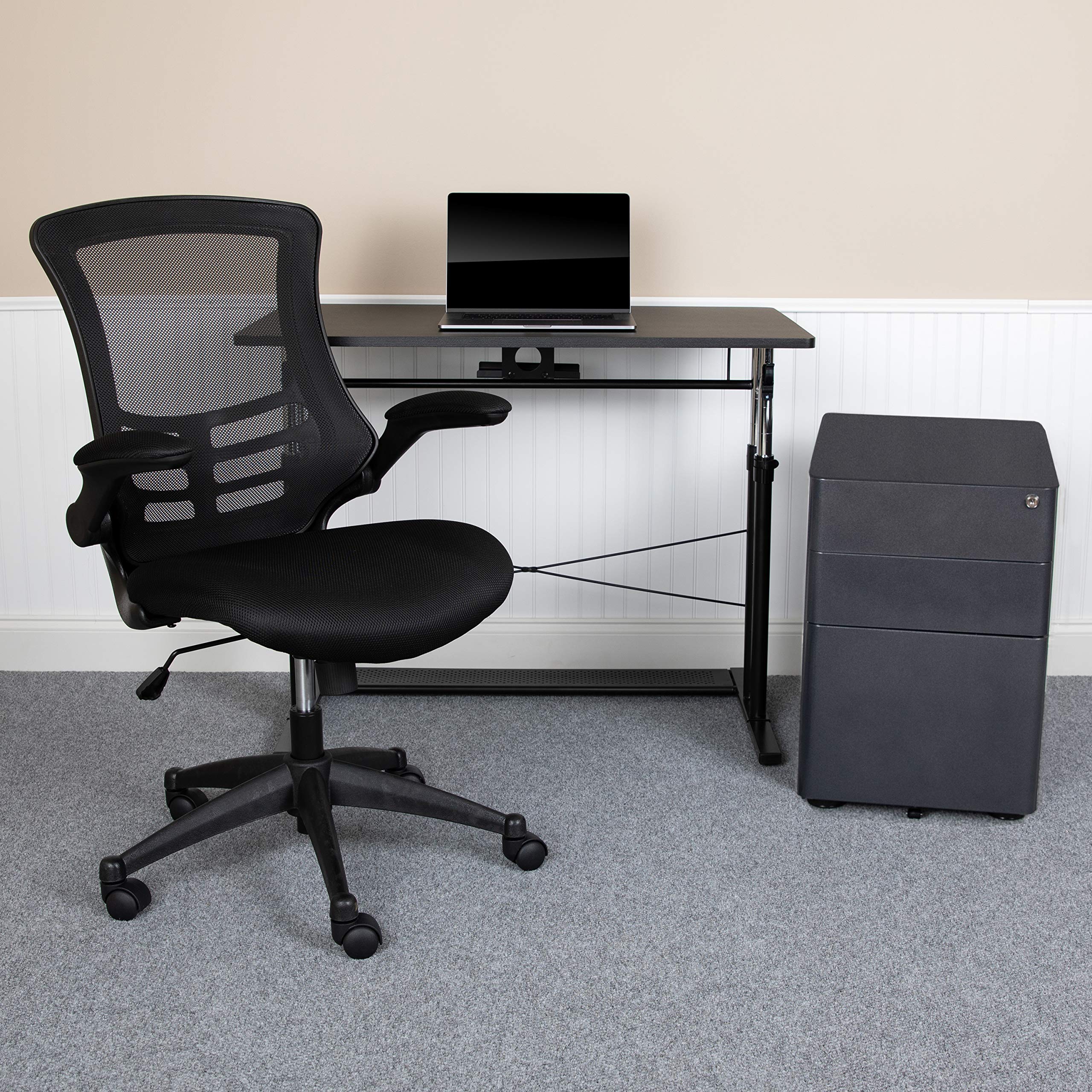 Flash Furniture Work From Home Kit - Adjustable Computer Desk, Ergonomic Mesh Office Chair And Locking Mobile Filing Cabinet With Side Handles