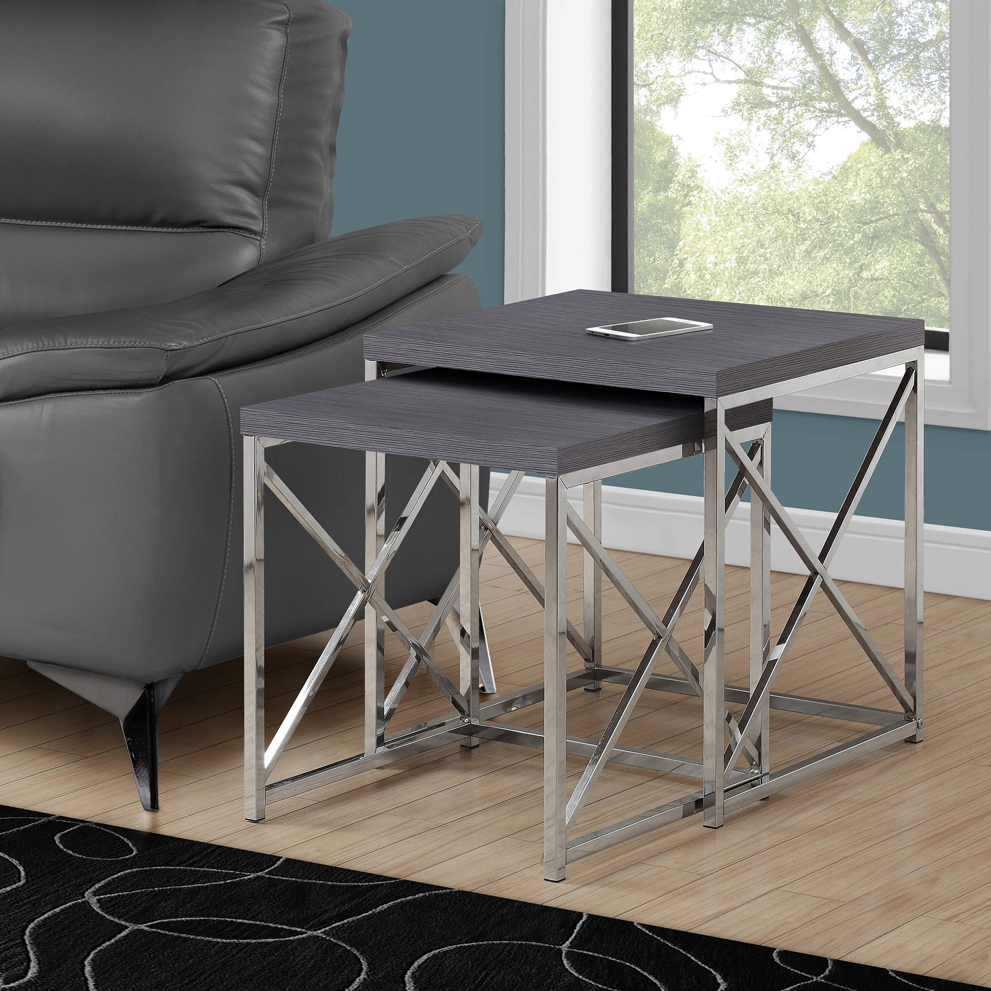 Monarch Specialties , Nesting Table, Chrome Metal, Grey, Table Set, 2 pcs