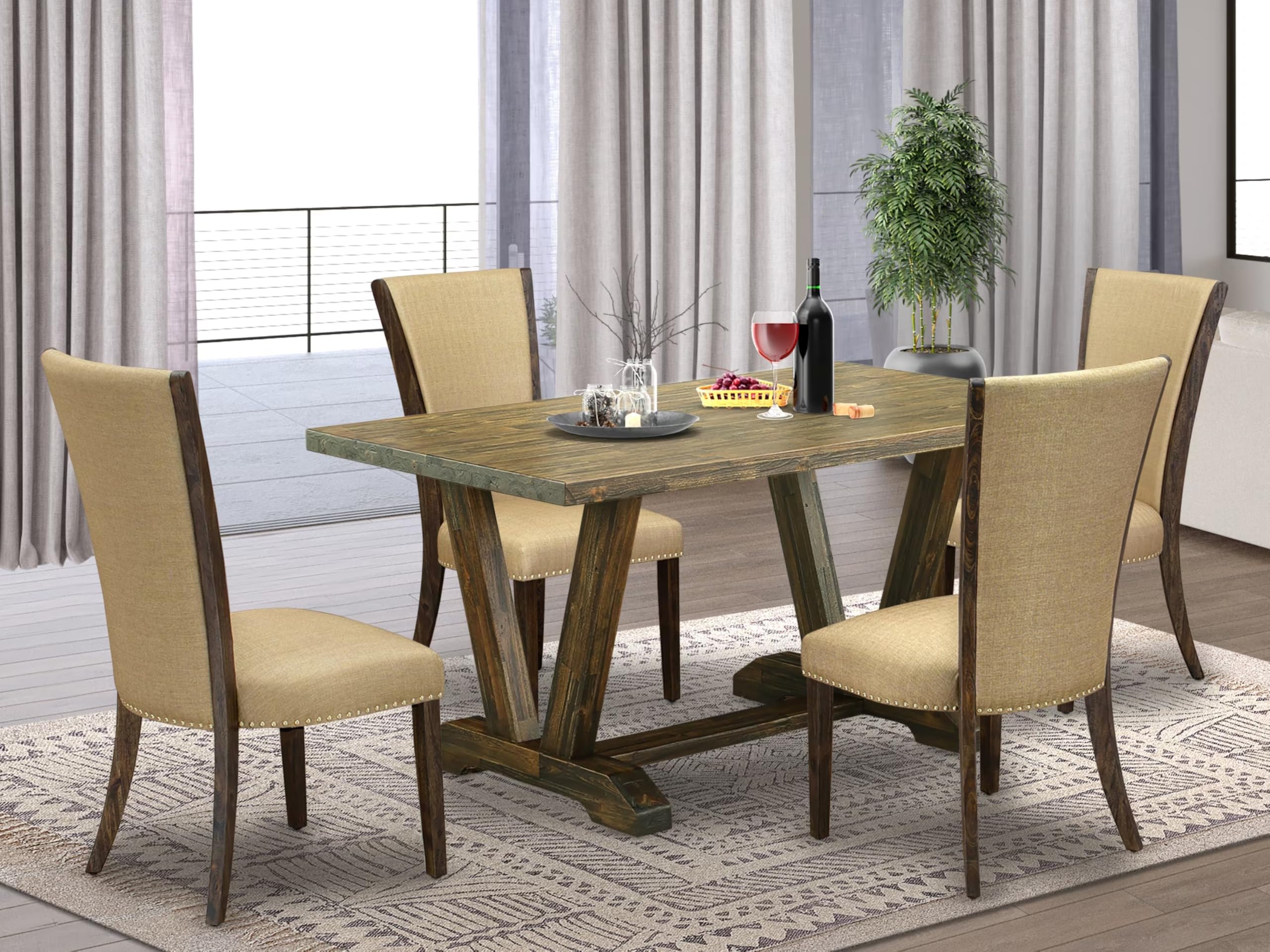 East West Furniture V776Ve703-5 5 Piece Dining Table Set For 4 Includes A Rectangle Kitchen Table With V-Legs And 4 Brown Linen Fabric Upholstered Chairs, 36X60 Inch, Multi-Color