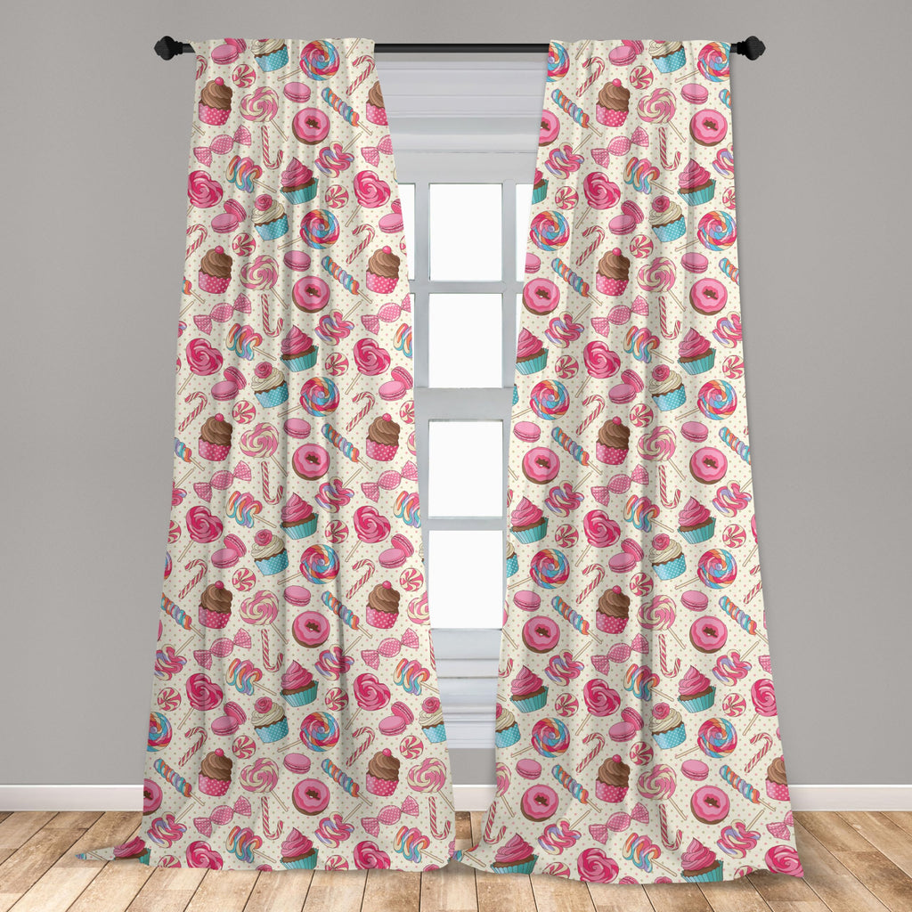 Ambesonne Candy Cane Window Curtains, Yummy Lollipop Candy Macaroon Cupcake And Donut On Polka Dots Pattern, Lightweight Decor 2