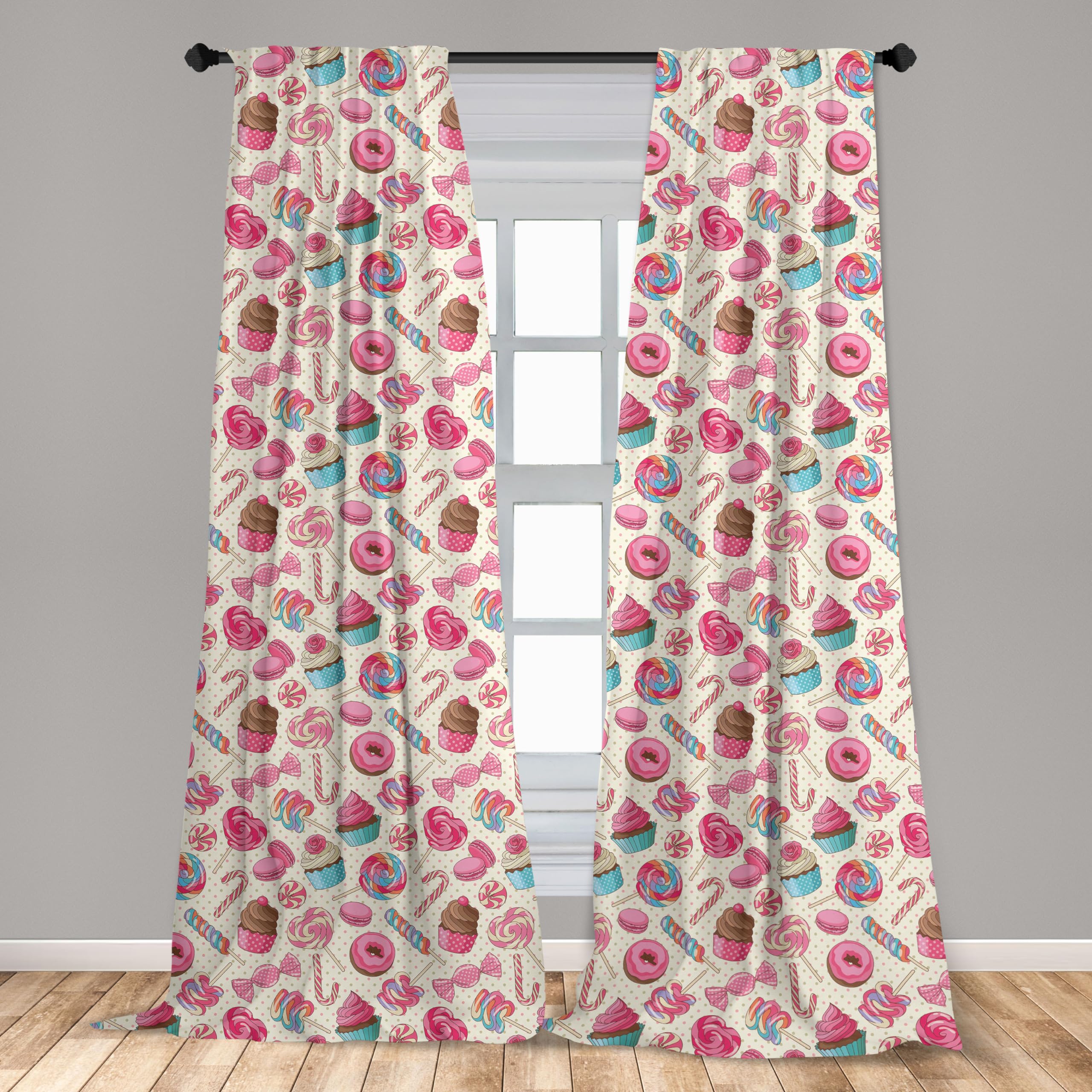 Ambesonne Candy Cane Window Curtains, Yummy Lollipop Candy Macaroon Cupcake And Donut On Polka Dots Pattern, Lightweight Decor 2
