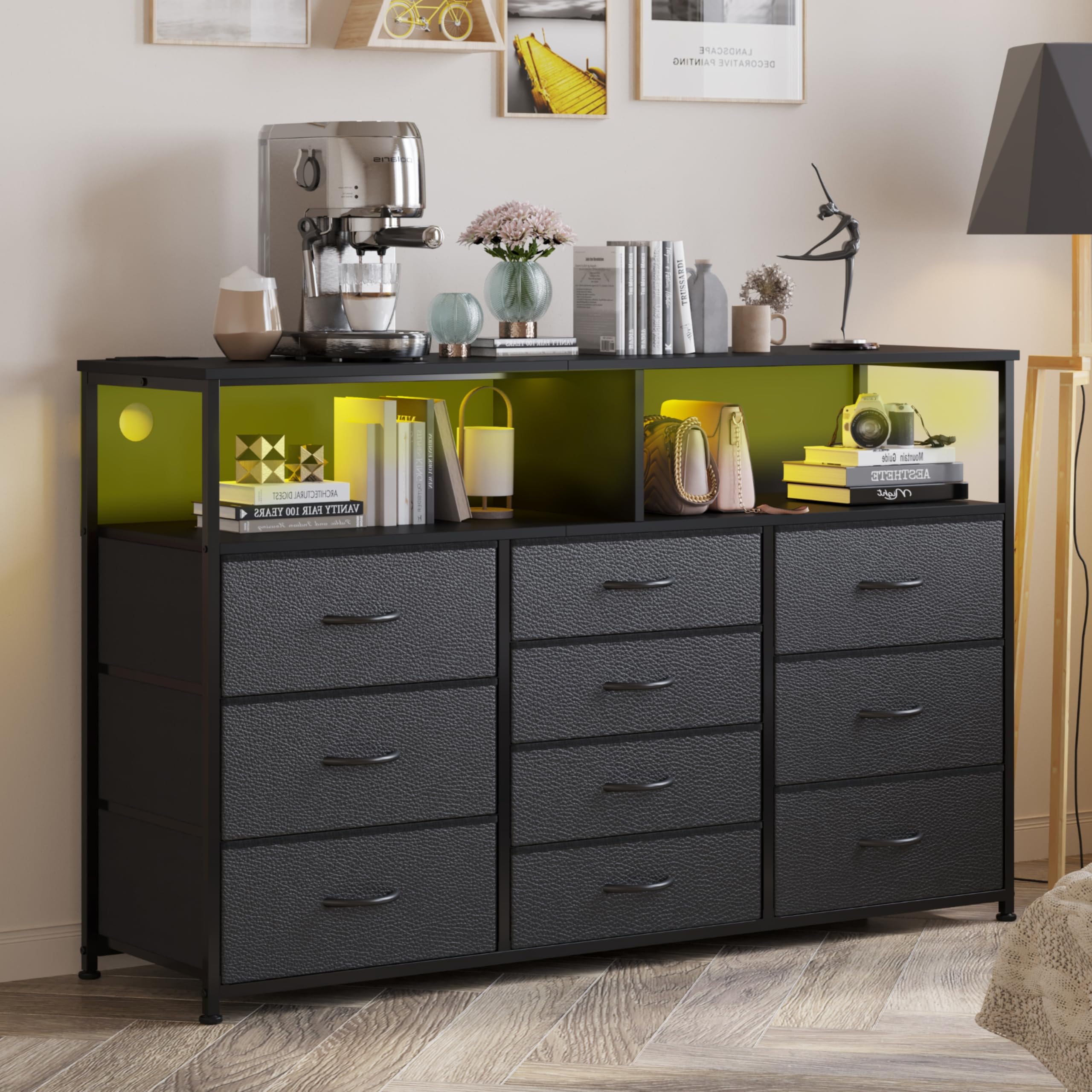 Unionly 55W 10-Drawers Dresser With 2 Open Storage Shelves, Tv Stand Dresser For 55,65 Inch Tv,With Power Outlets And Led Lights