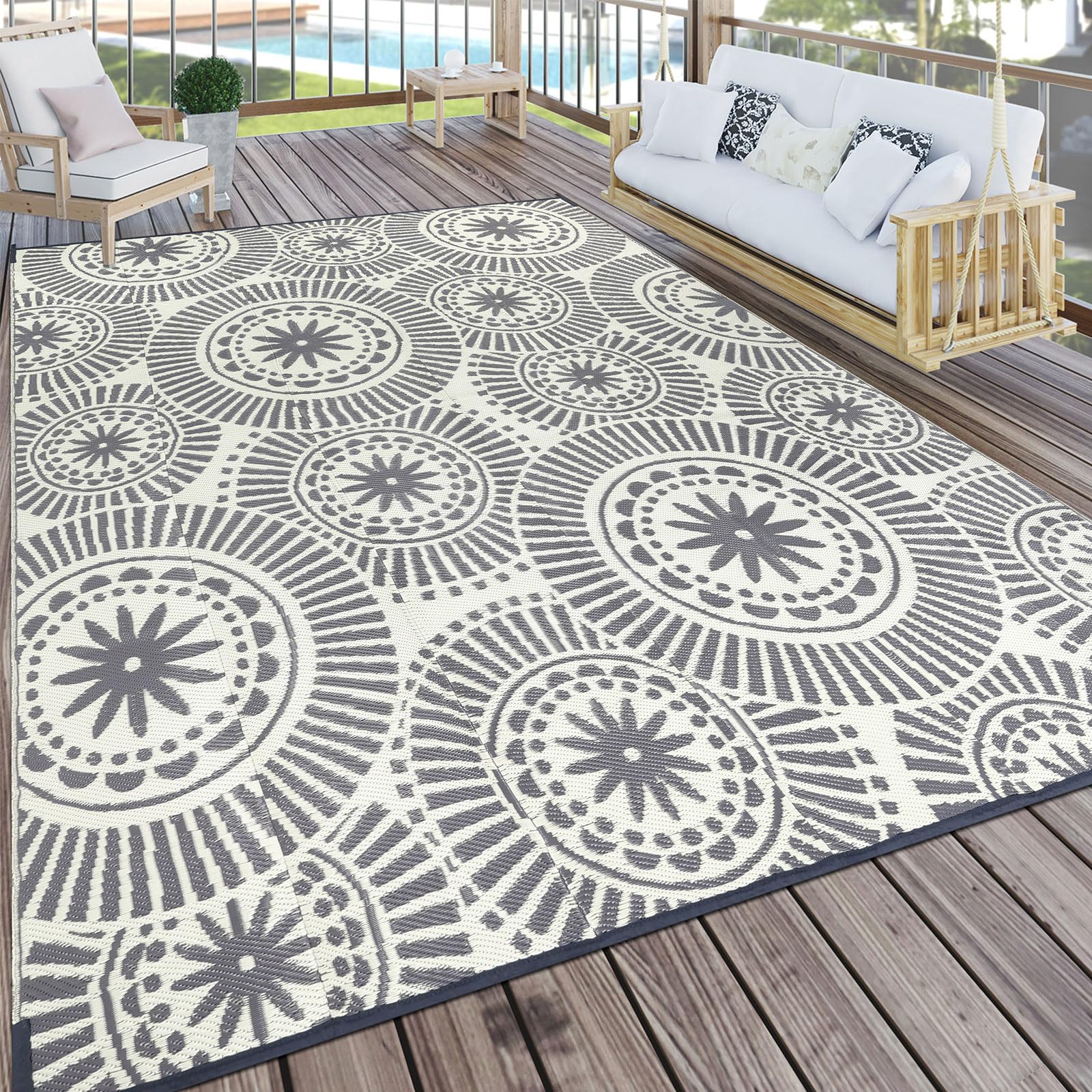 Ileading Outdoor Plastic Straw Rug 8X10Ft Modern Geometric Style Reversible Patio Area Rugs Waterproof Non Shedding Portable Car