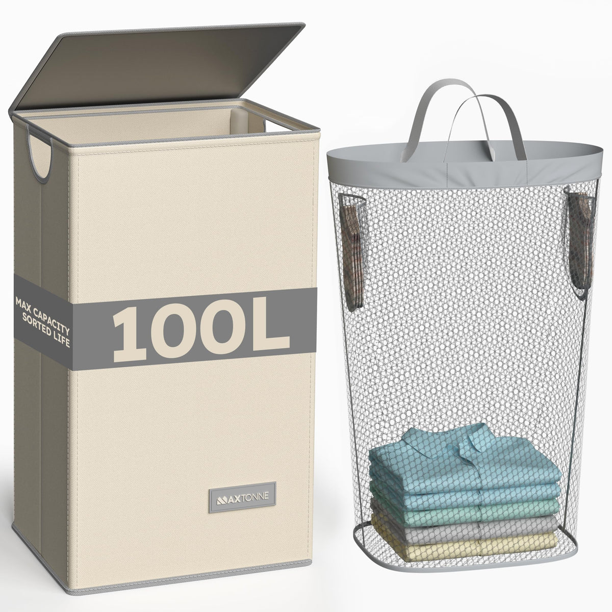 Maxtonne 100L Laundry Hamper with Lid, Collapsible Large Tall Basket, Integrated ComfortGrip Handles & Removable Bag for Bedroo